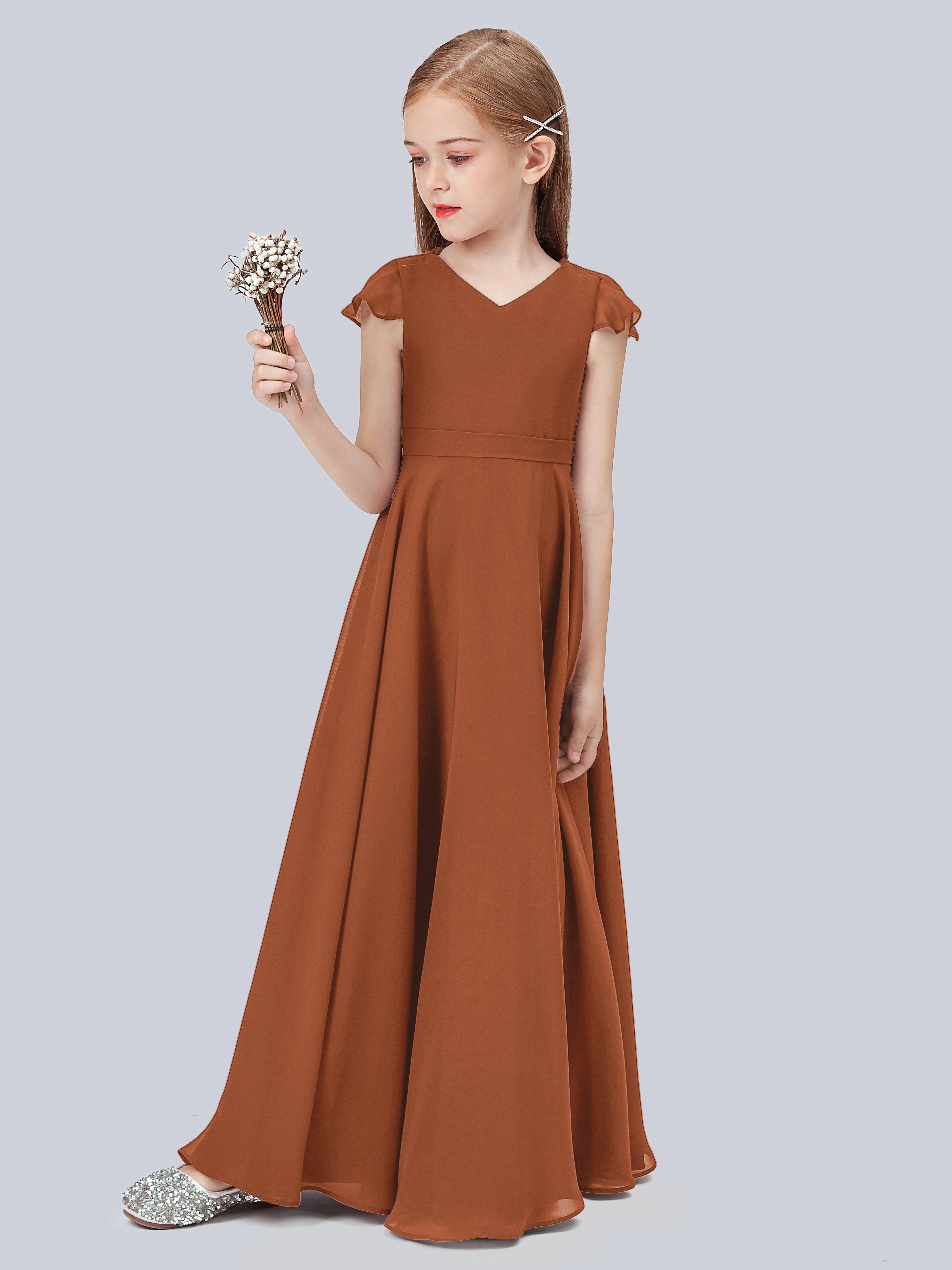 Flounce Cap Sleeves Chiffon Junior Bridesmaid Dress