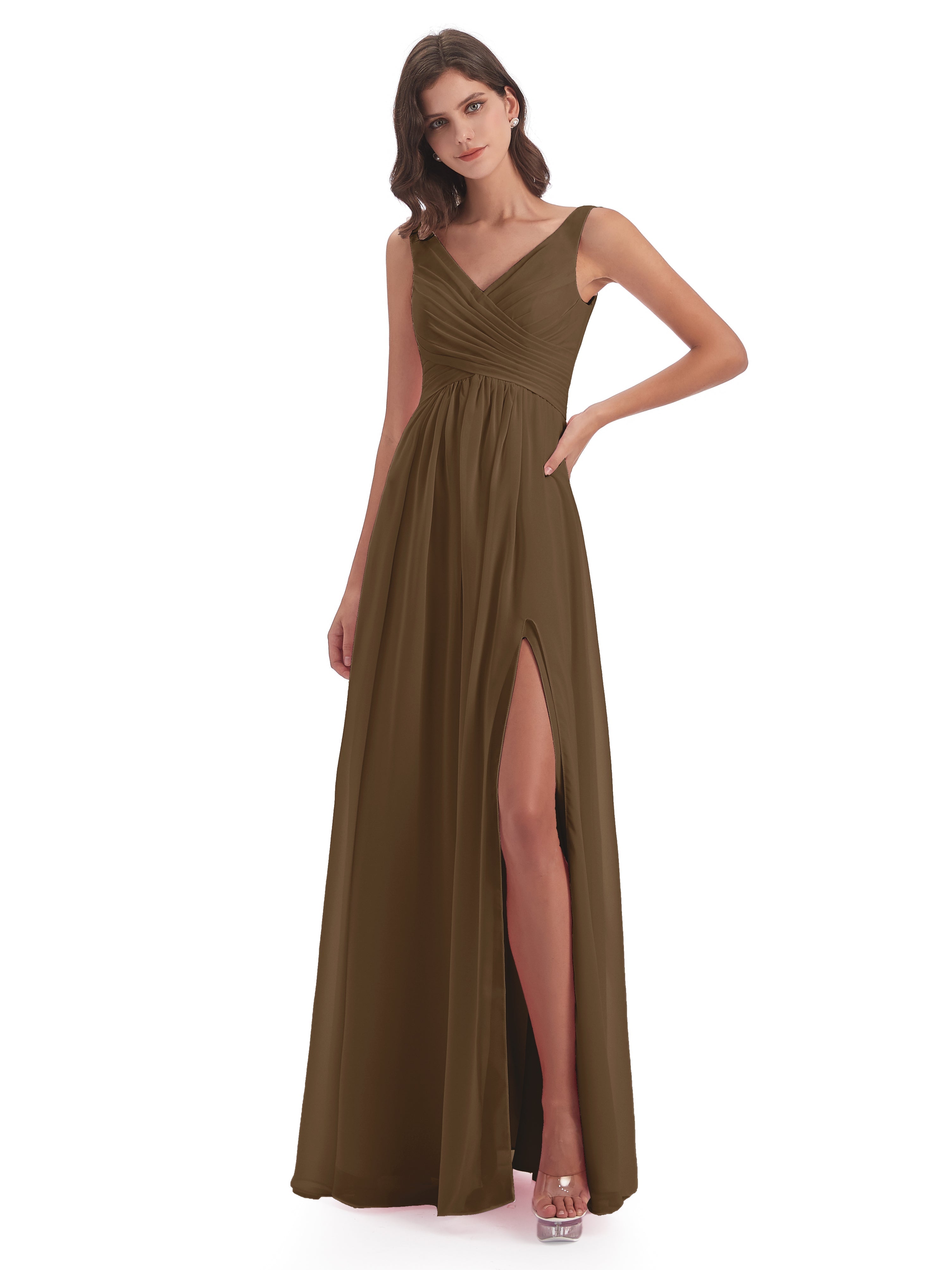 Column V-neck Long Mother of the Bride Dresses