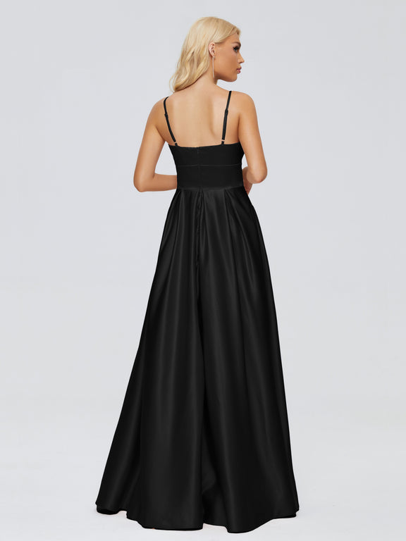 JASY Women's Long Satin Prom Dress With Spaghetti Straps & Pockets - Green, Size US4 - View #2