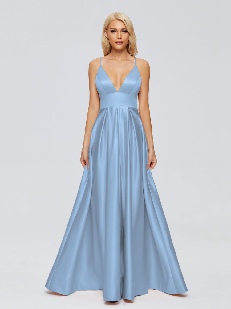 Spaghetti Straps Soft Satin Prom Dress with Pockets