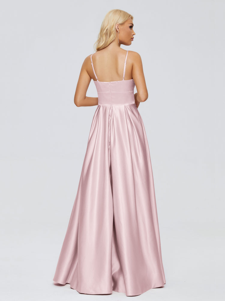 Pink Satin Sheath Spaghetti Straps Prom Dress With Detachable Train main image 1