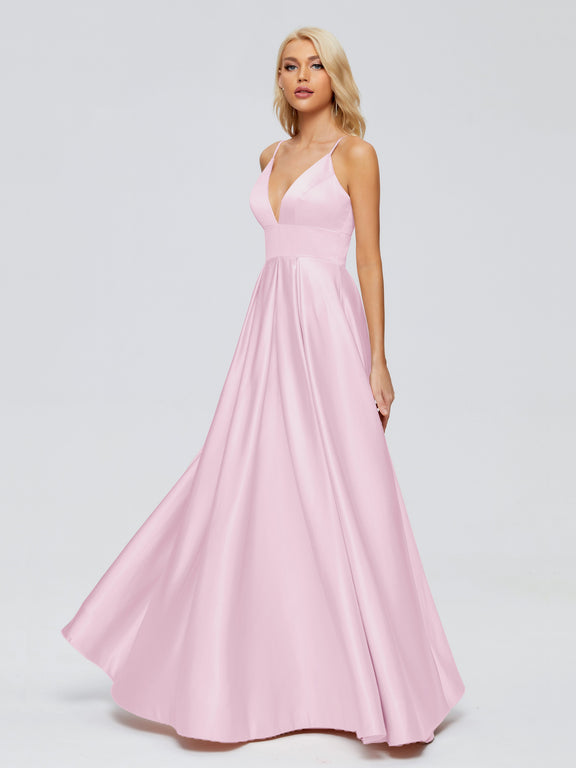 Cute Spaghetti Straps Bow Satin Sleeveless Long Formal Prom Dress
