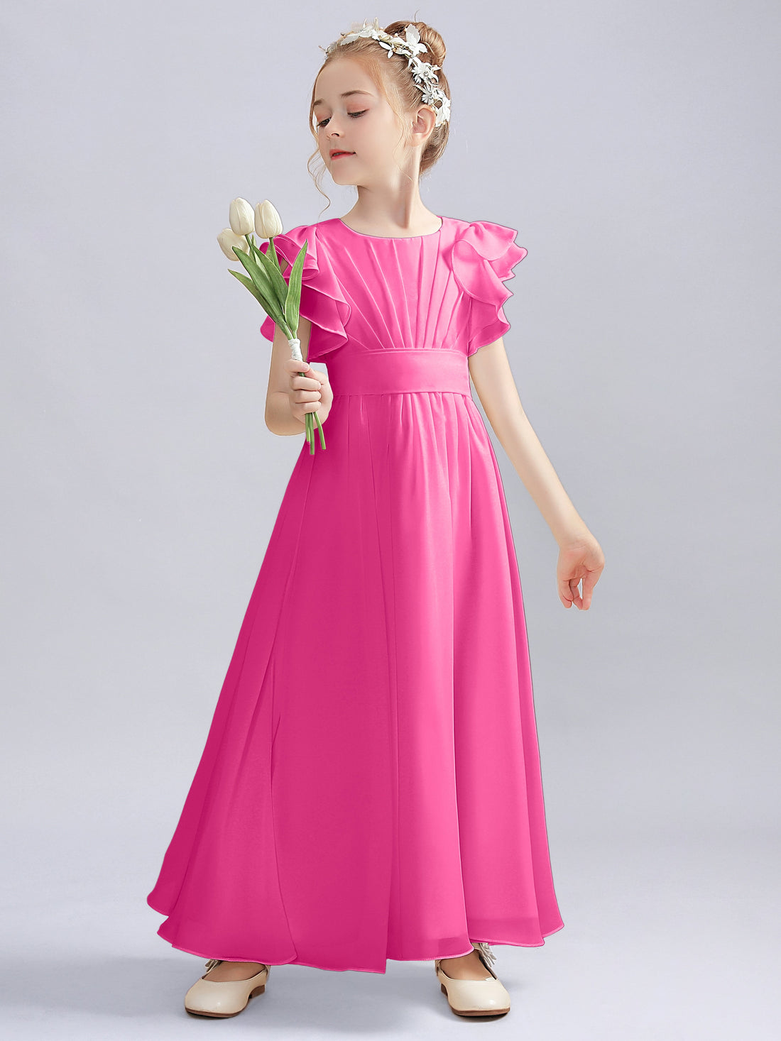 Flutter Sleeves Chiffon Long Junior Bridesmaid Dresses Blushing Pink main image 0