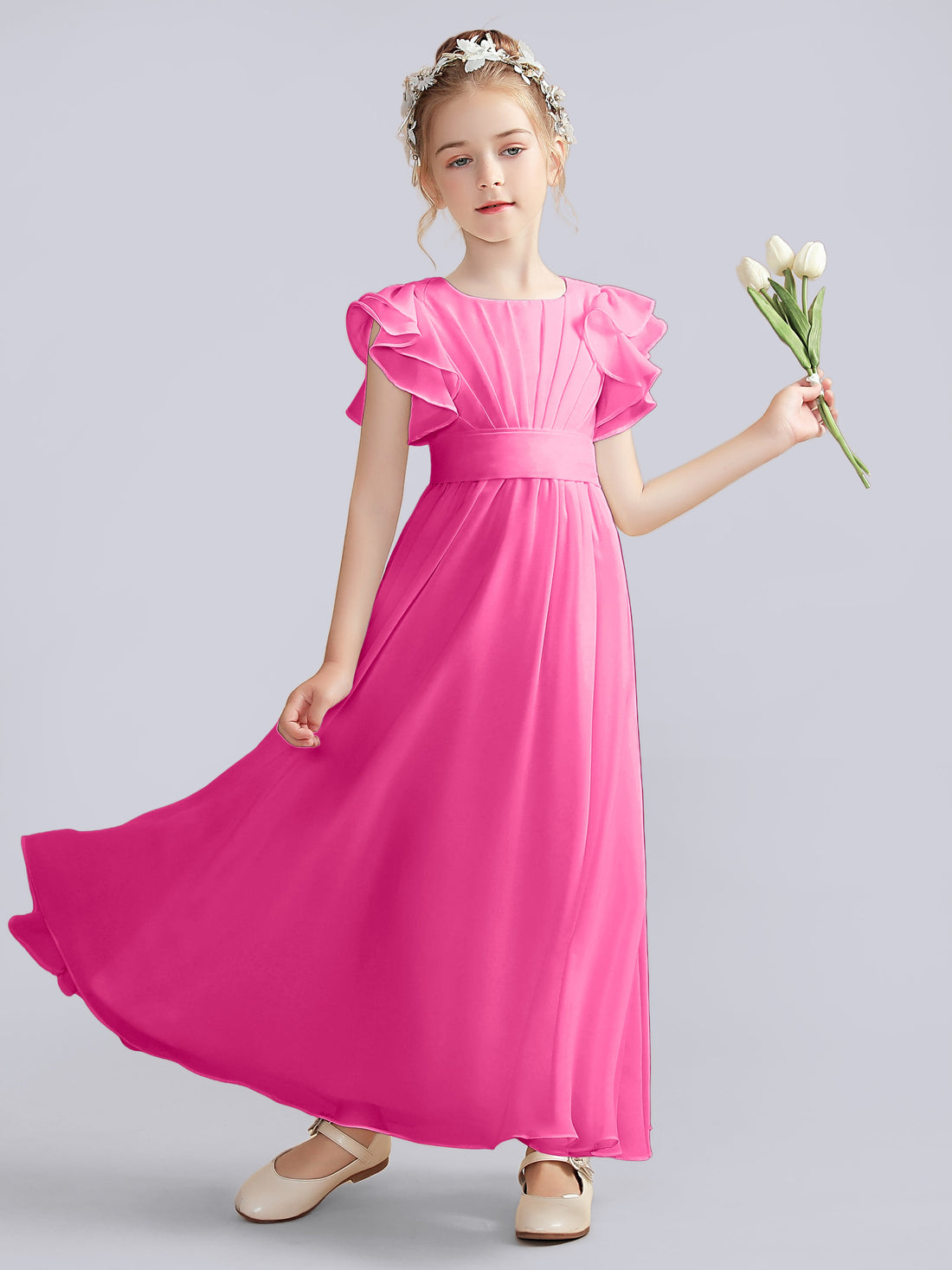 Square Neck Flutter Sleeves Junior Bridesmaid Dresses With Slit Lavender