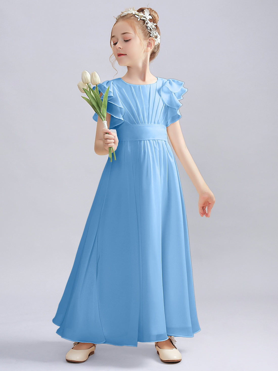 Flutter Sleeves Chiffon Junior Bridesmaid Dresses With Sash Ivory