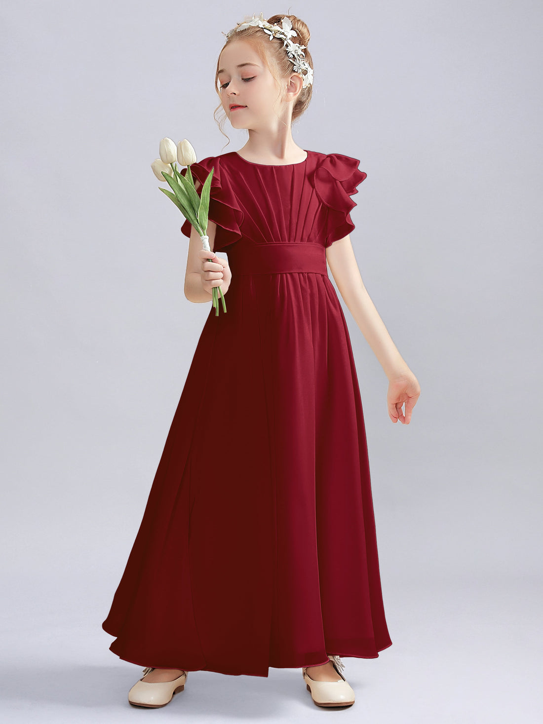 Flutter Sleeves Chiffon Junior Bridesmaid Dresses With Sash Peach main image 0