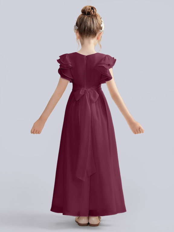 Square Neck Flutter Sleeves Junior Bridesmaid Dresses With Slit Peach main image 0