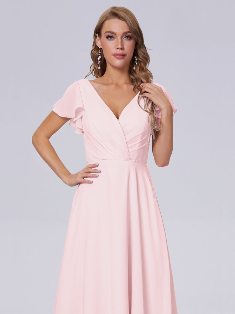 V-neck Chiffon Bridesmaid Dress with Bow Back Red