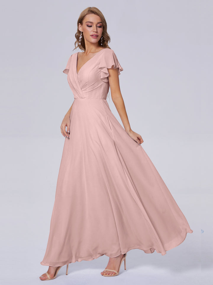 Illusion High Neck Chiffon Bridesmaid Gown Dusty Rose