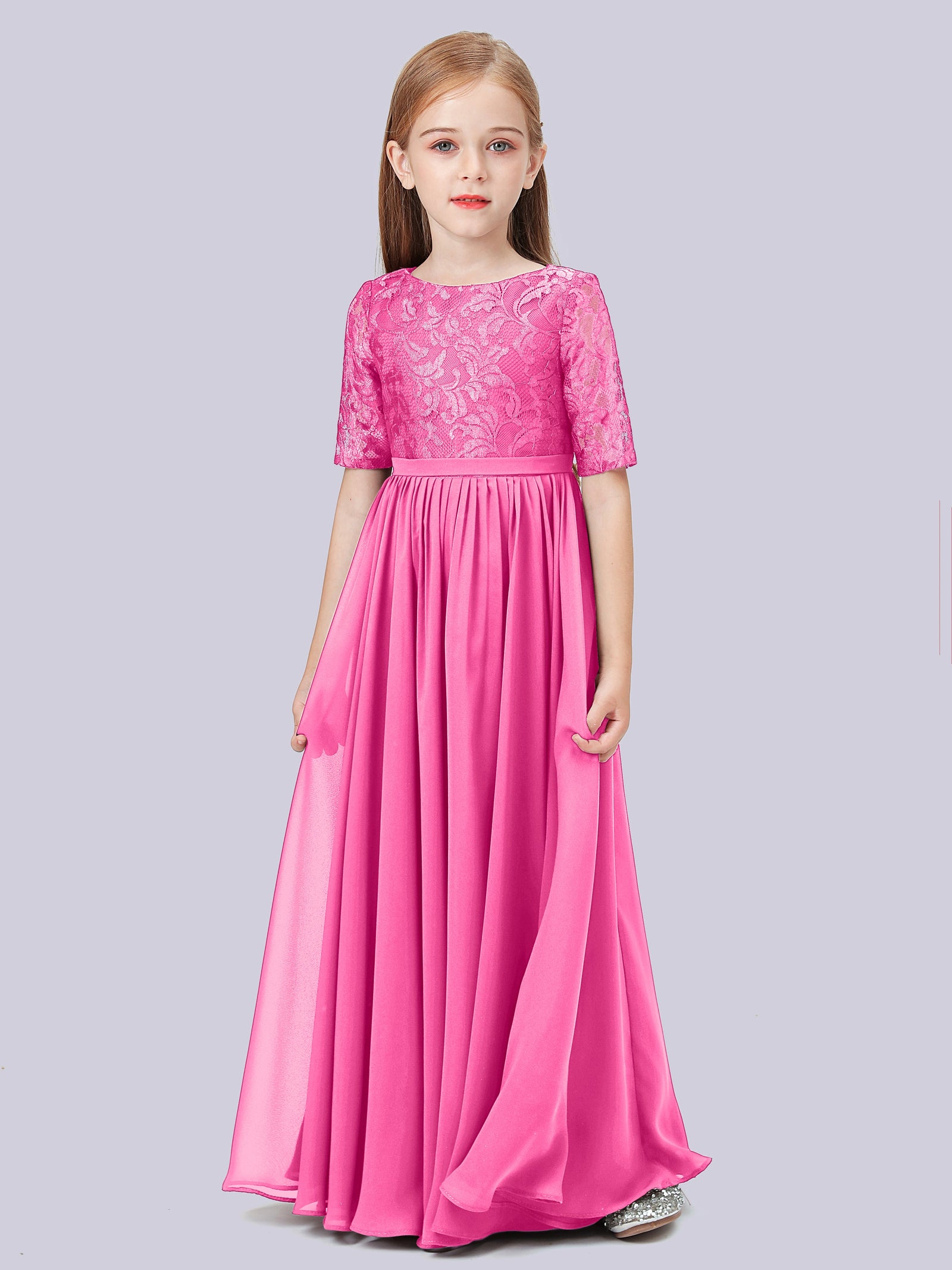 Half Sleeve Lace Bodice Chiffon Junior Bridesmaid Dresses Jade