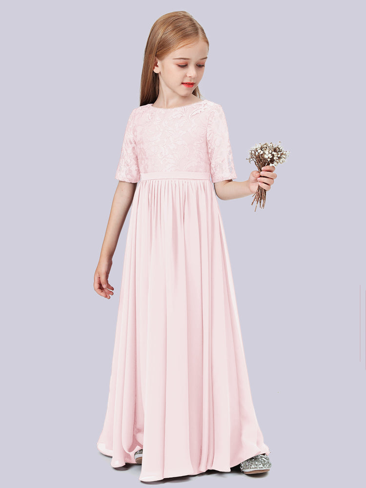 Half Sleeve Lace Bodice Chiffon Junior Bridesmaid Dresses Daffodil