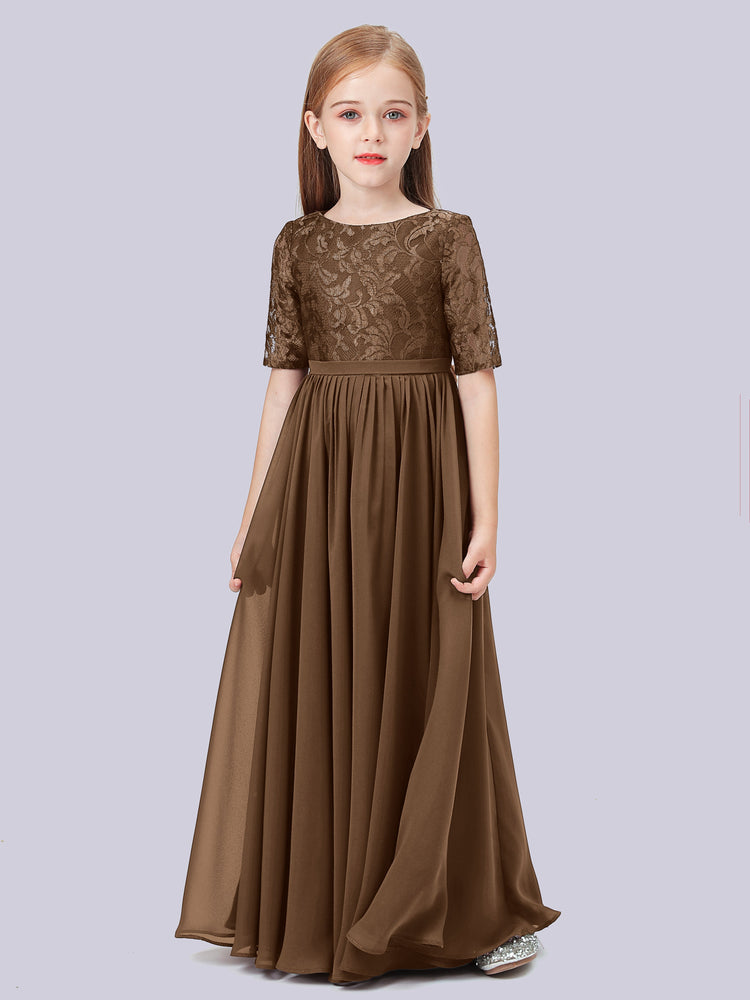 Half Sleeve Lace Bodice Chiffon Junior Bridesmaid Dresses Ivory