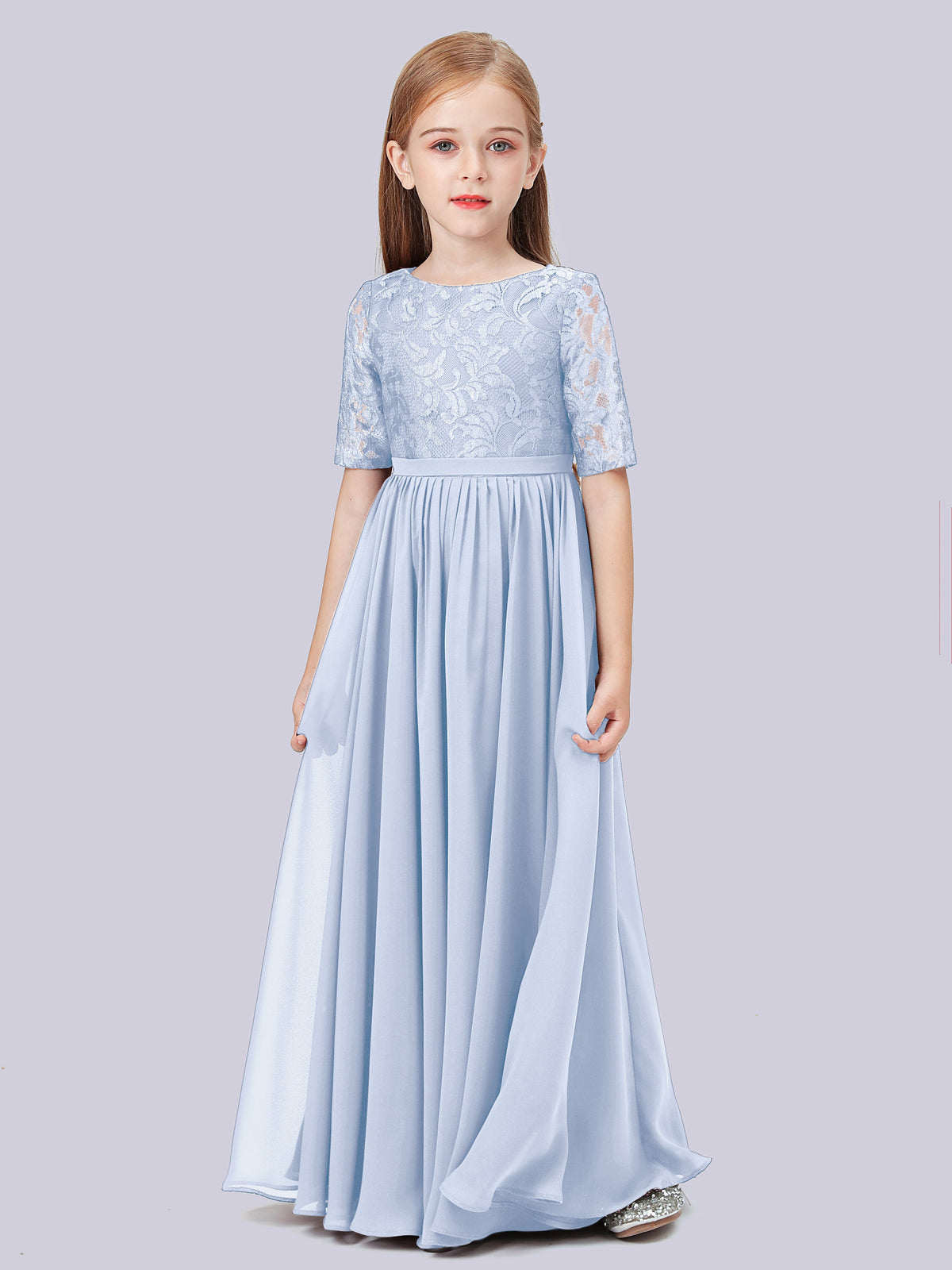 Half Sleeve Lace Bodice Chiffon Junior Bridesmaid Dresses Marigold main image 1