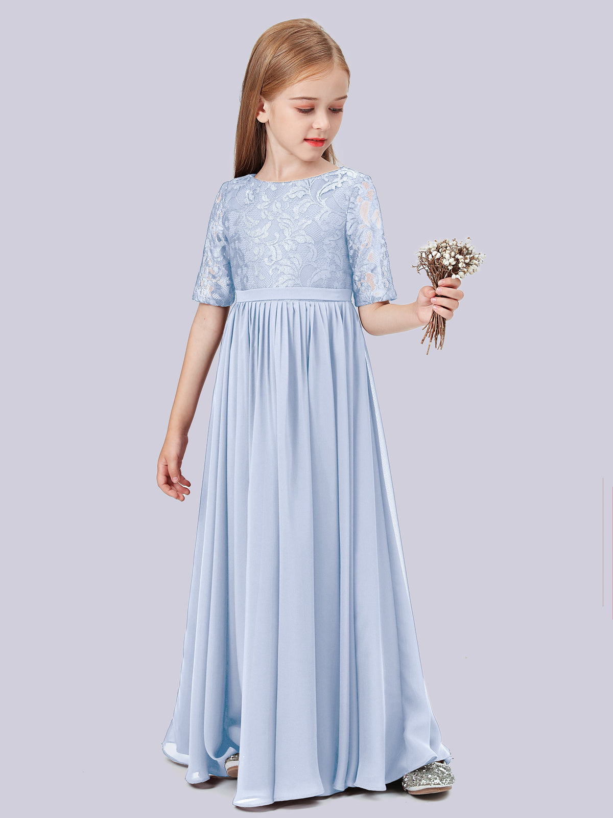 Half Sleeve Lace Bodice Chiffon Junior Bridesmaid Dresses Silver
