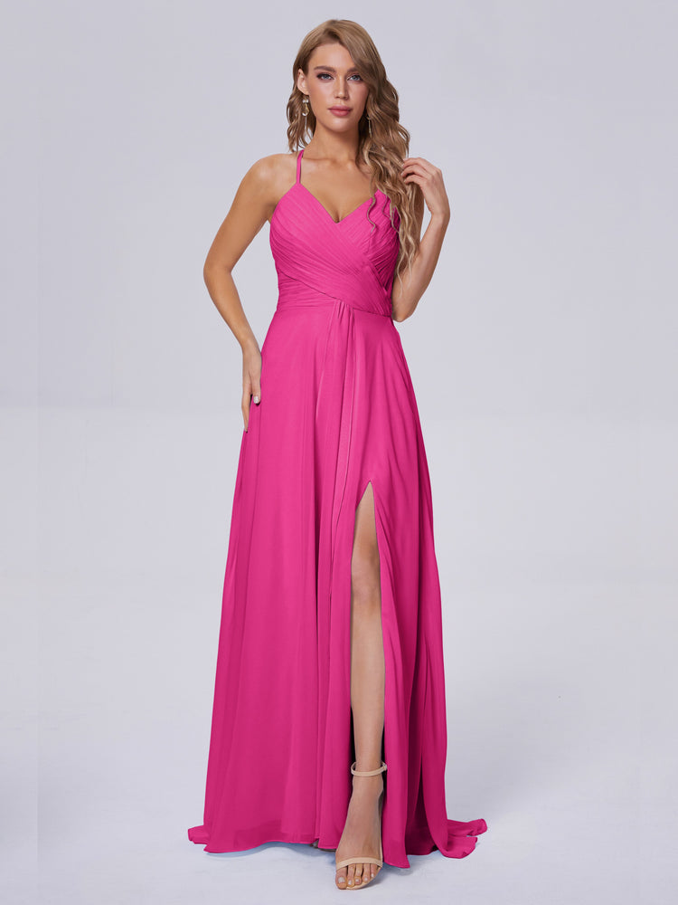 Elegant Floor-Length Spaghetti Straps Split Satin Bridesmaid Dress with Streamer