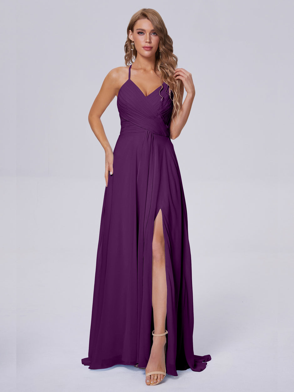 Long Spaghetti Strap Chiffon Bridesmaid Dress Grape