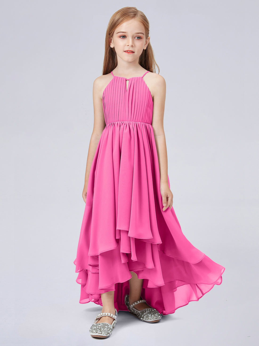 Square Long Junior Bridesmaid Dress With Cascade Skirt Red