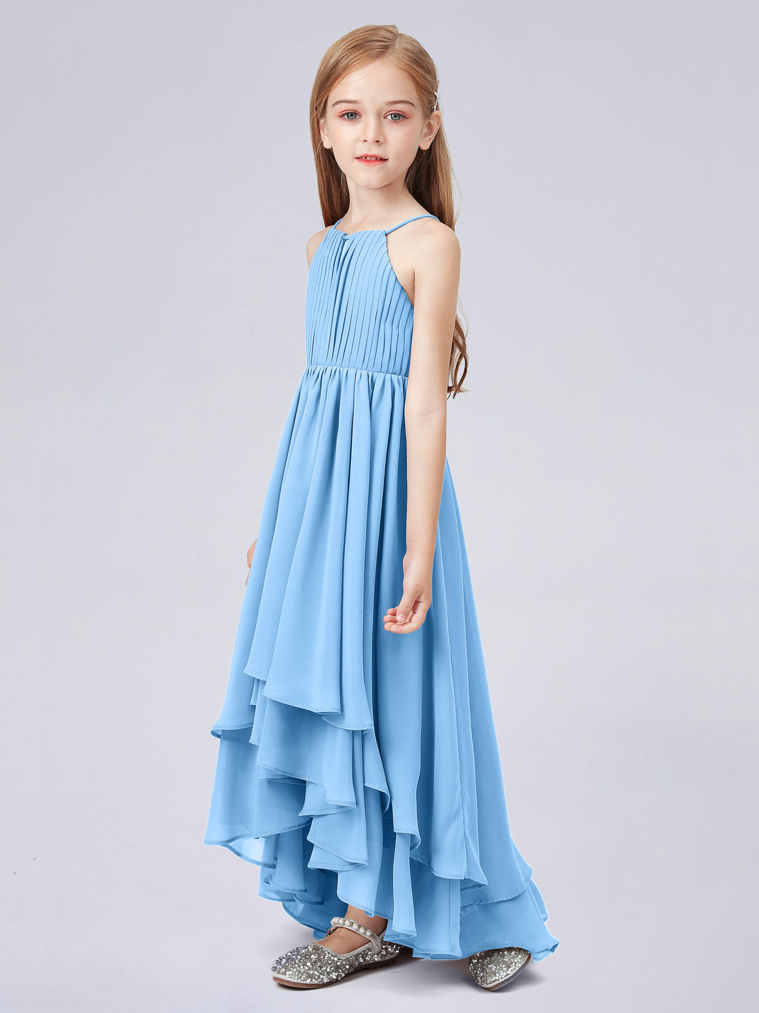 Square Long Junior Bridesmaid Dress With Cascade Skirt Royal Blue