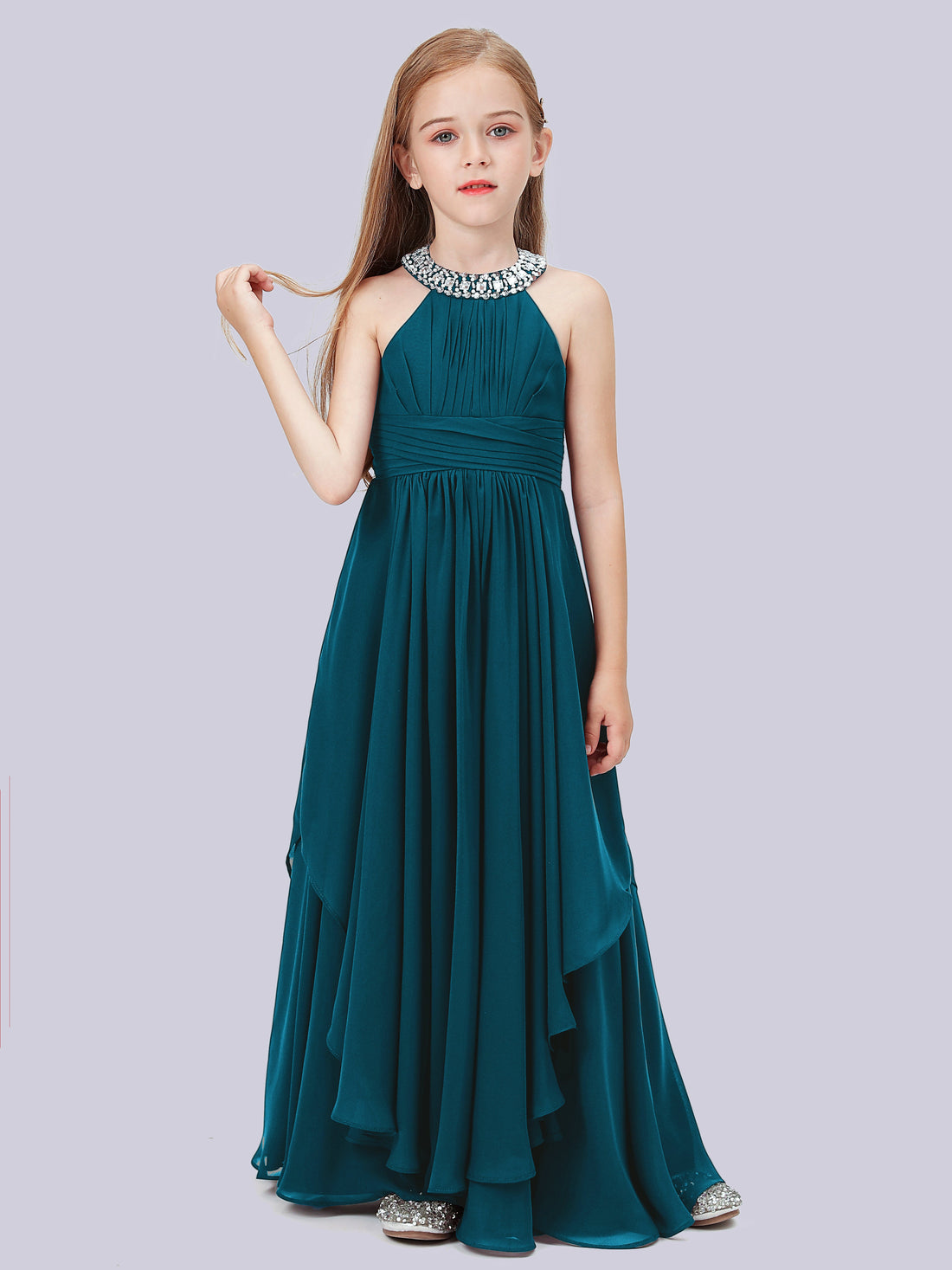 Square Long Junior Bridesmaid Dress With Cascade Skirt White
