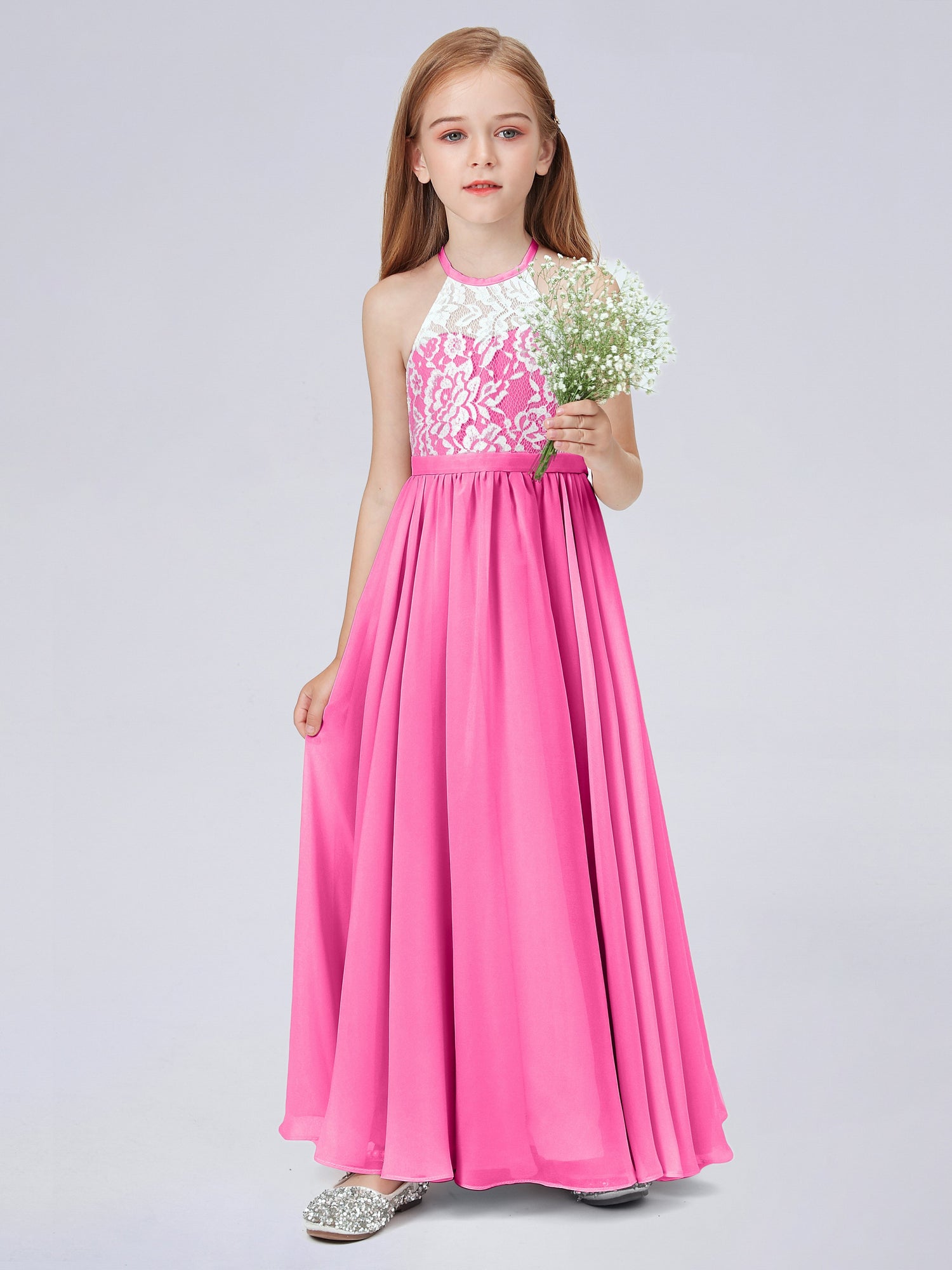Halter Neck Lace Top Sleeveless Junior Bridesmaid Gown Black