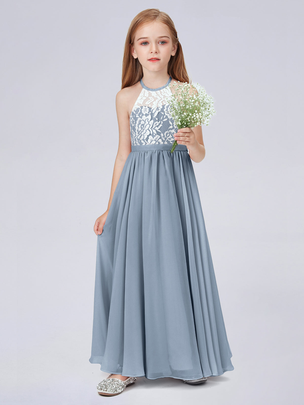 Lace Top Halter Neck Chiffon Long Junior Bridesmaid Dress Black