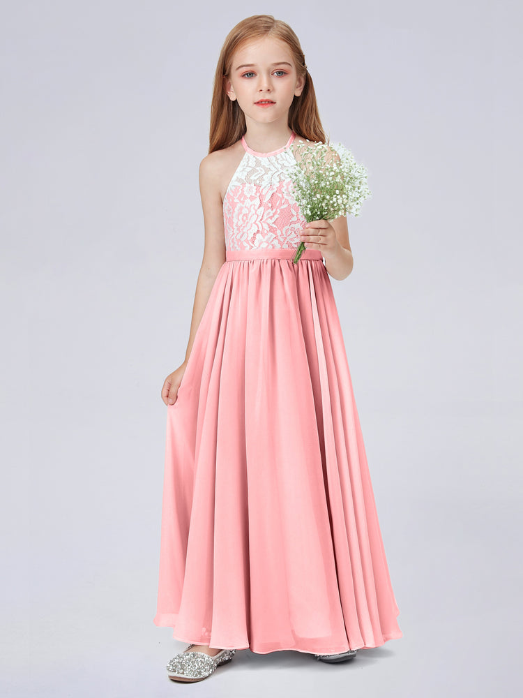 Lace Top Halter Neck Chiffon Long Junior Bridesmaid Dress Ink Blue main image 1