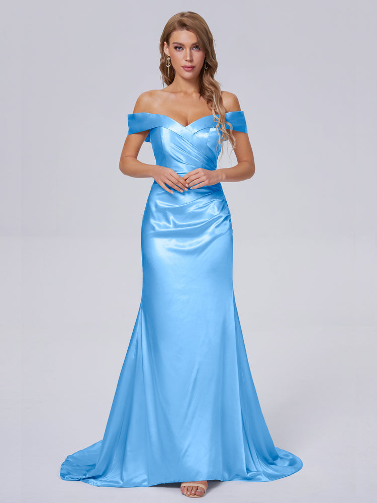 Off Shoulder Acetate Satin Pleated Bridesmaid Dress With Split - Dusty Blue main image 1