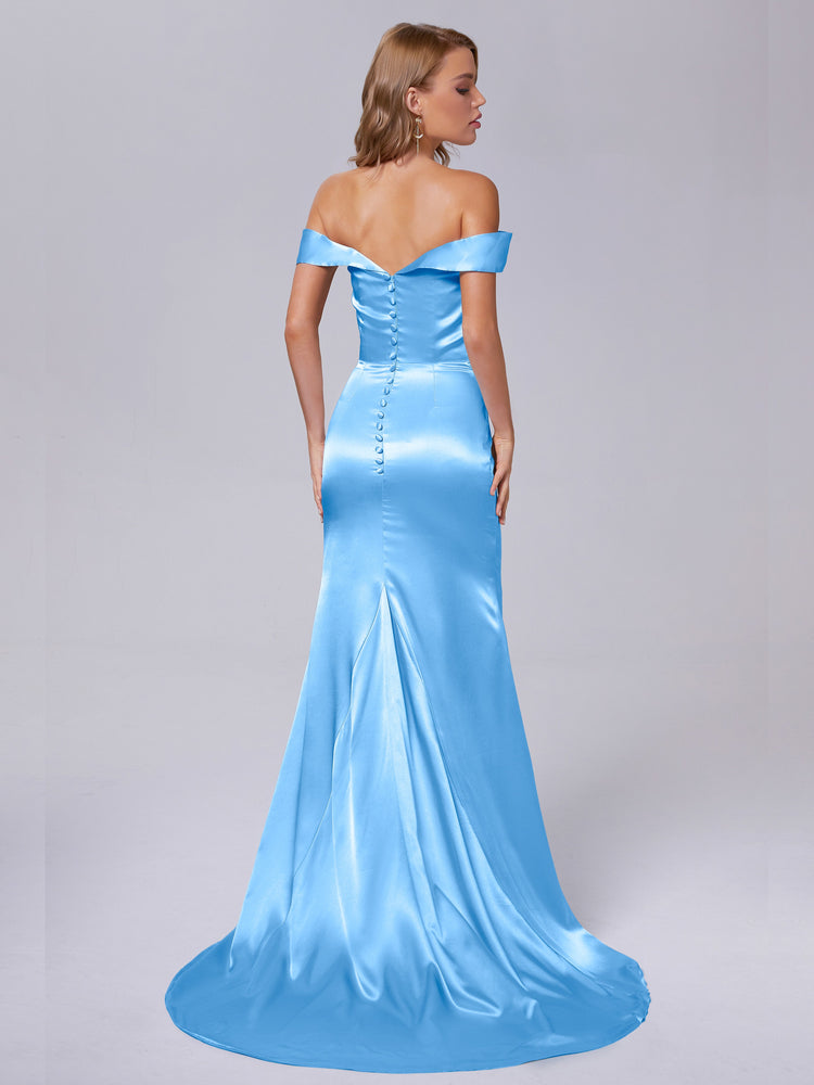 Off-the-Shoulder Sheath Ruffled Midi Bridesmaid Dress in Sea Glass