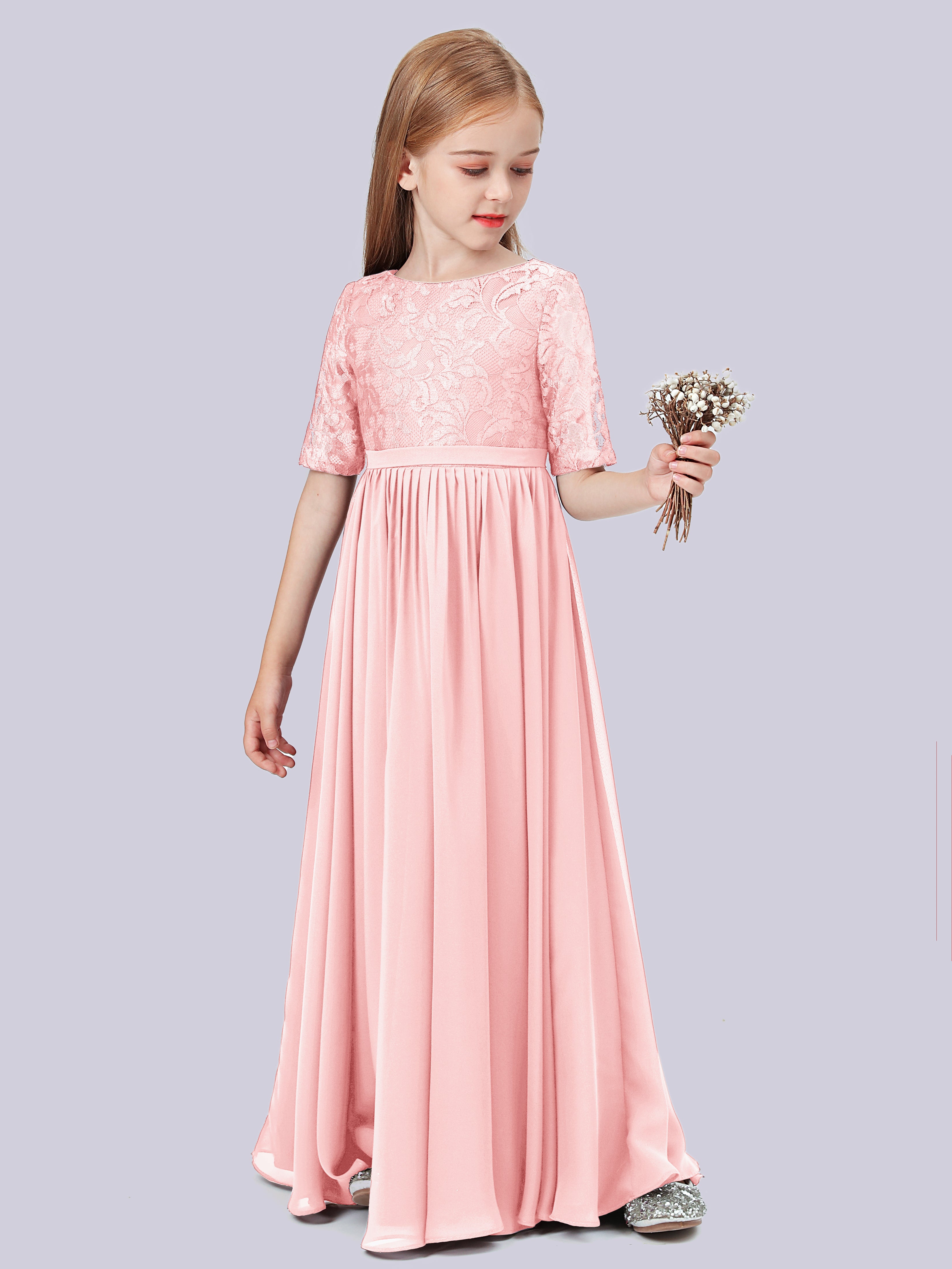 Half Sleeves Lace Junior Bridesmaid Dress