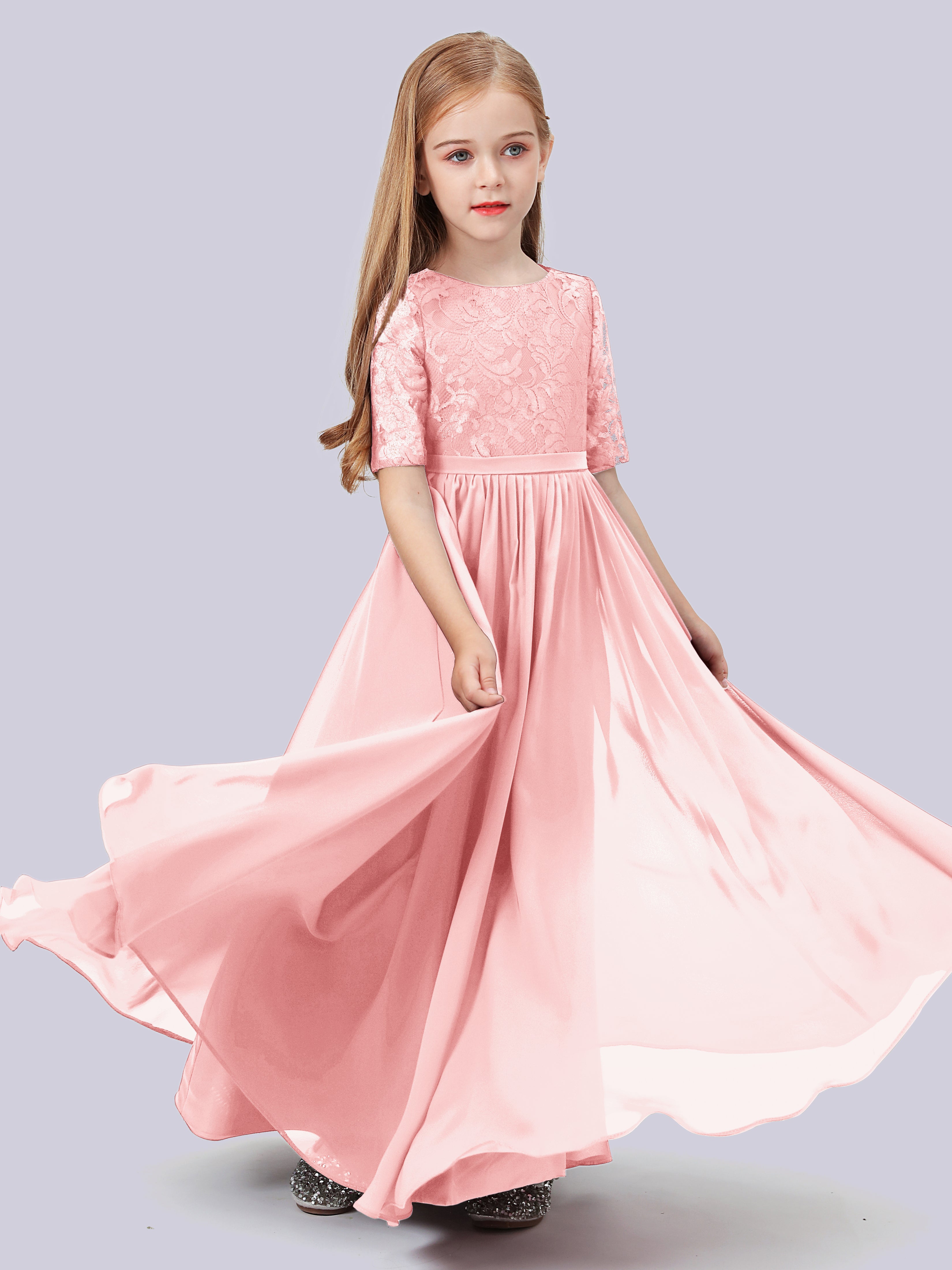 Half Sleeves Lace Junior Bridesmaid Dress