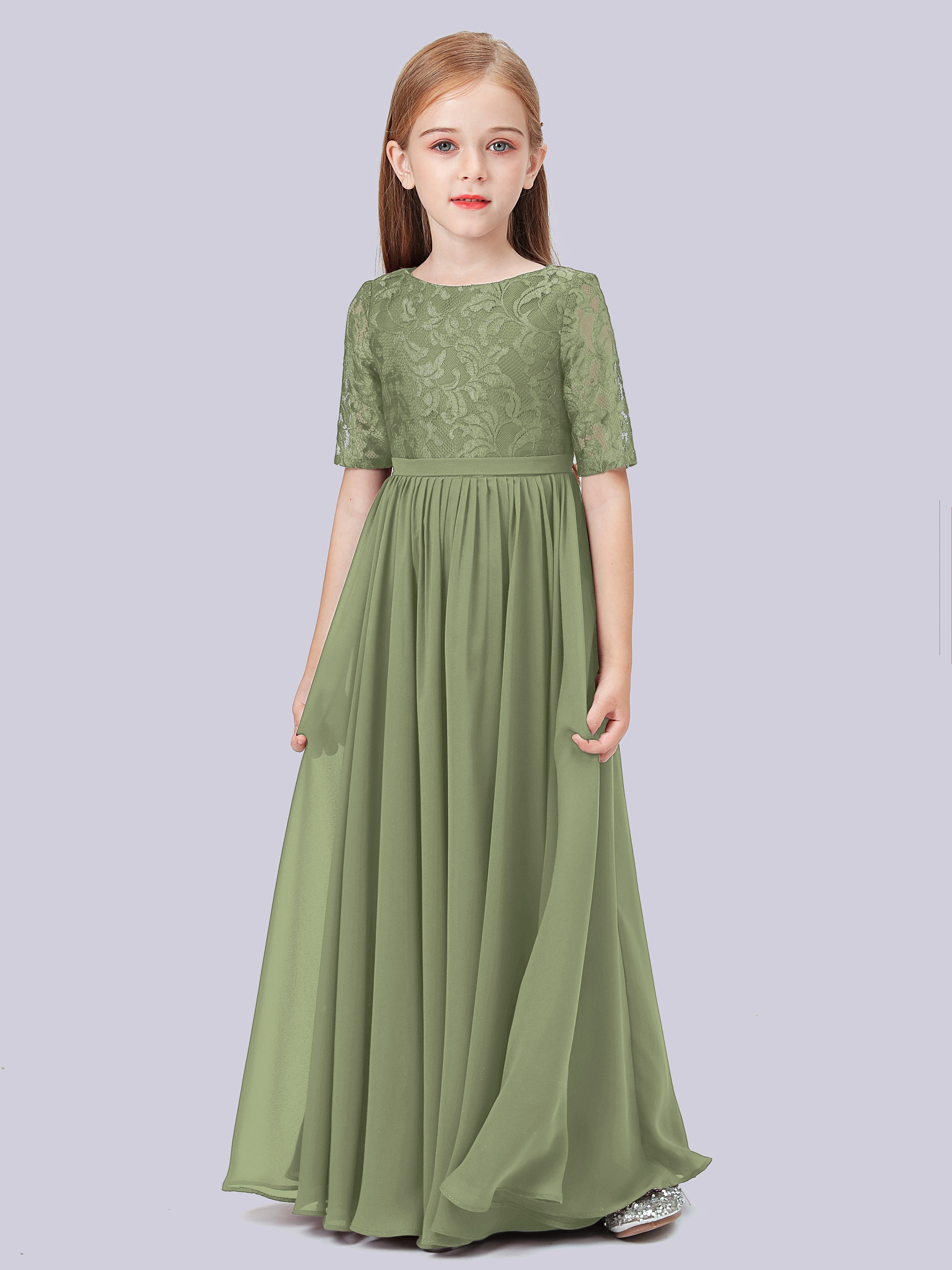 Half Sleeves Lace Junior Bridesmaid Dress