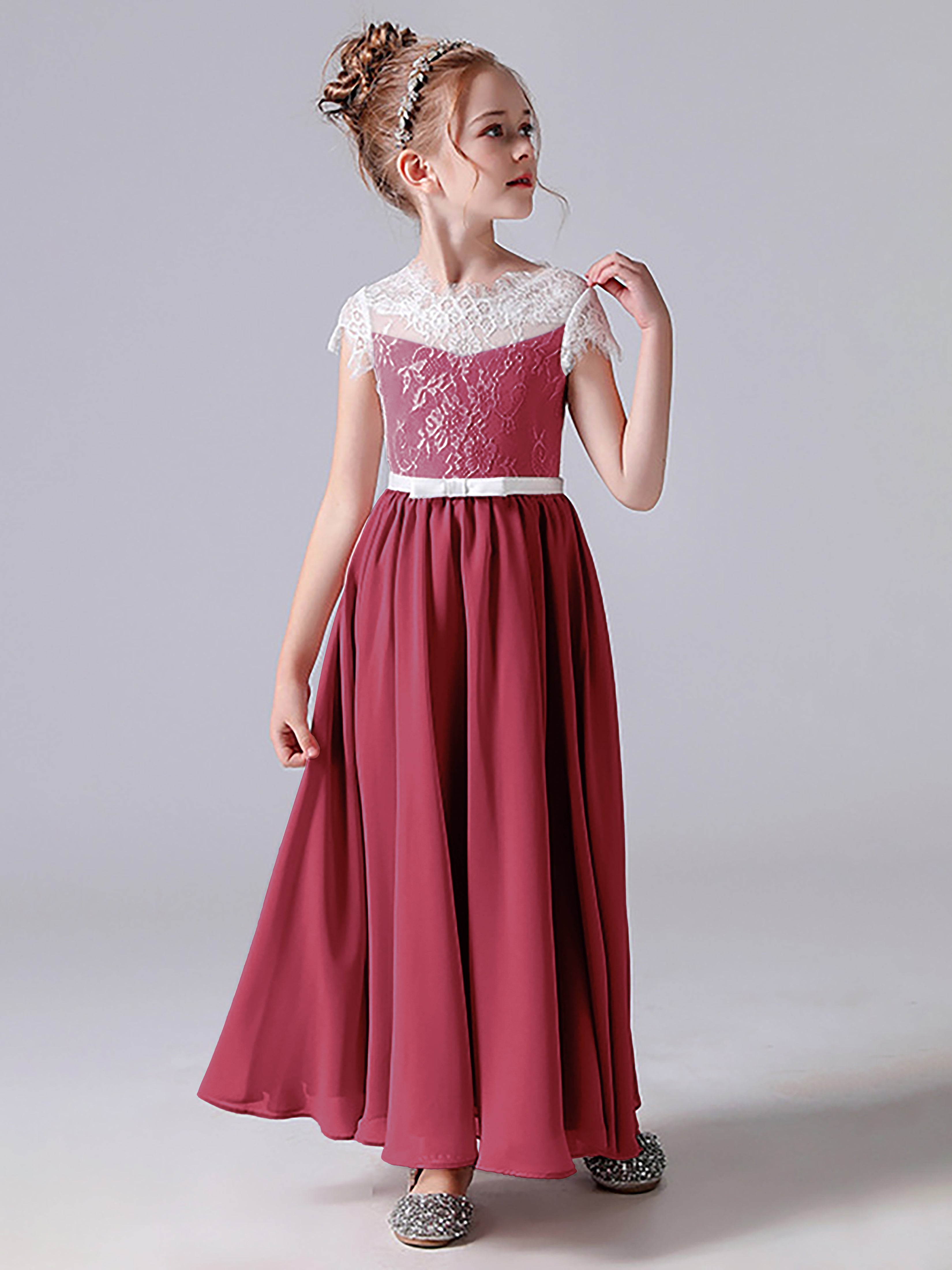 Lace Scoop Junior Bridesmaid Dress with Sleeves