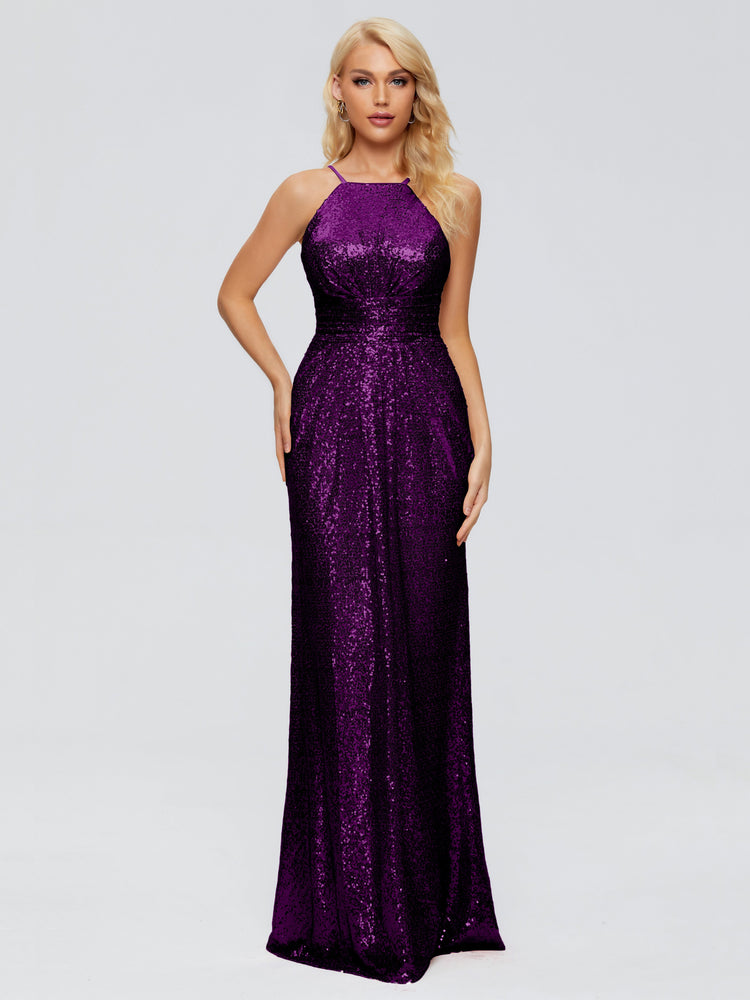 Champagne Halter Mermaid Sequins Long Party Dress Evening Gown, DP4506 main image 1