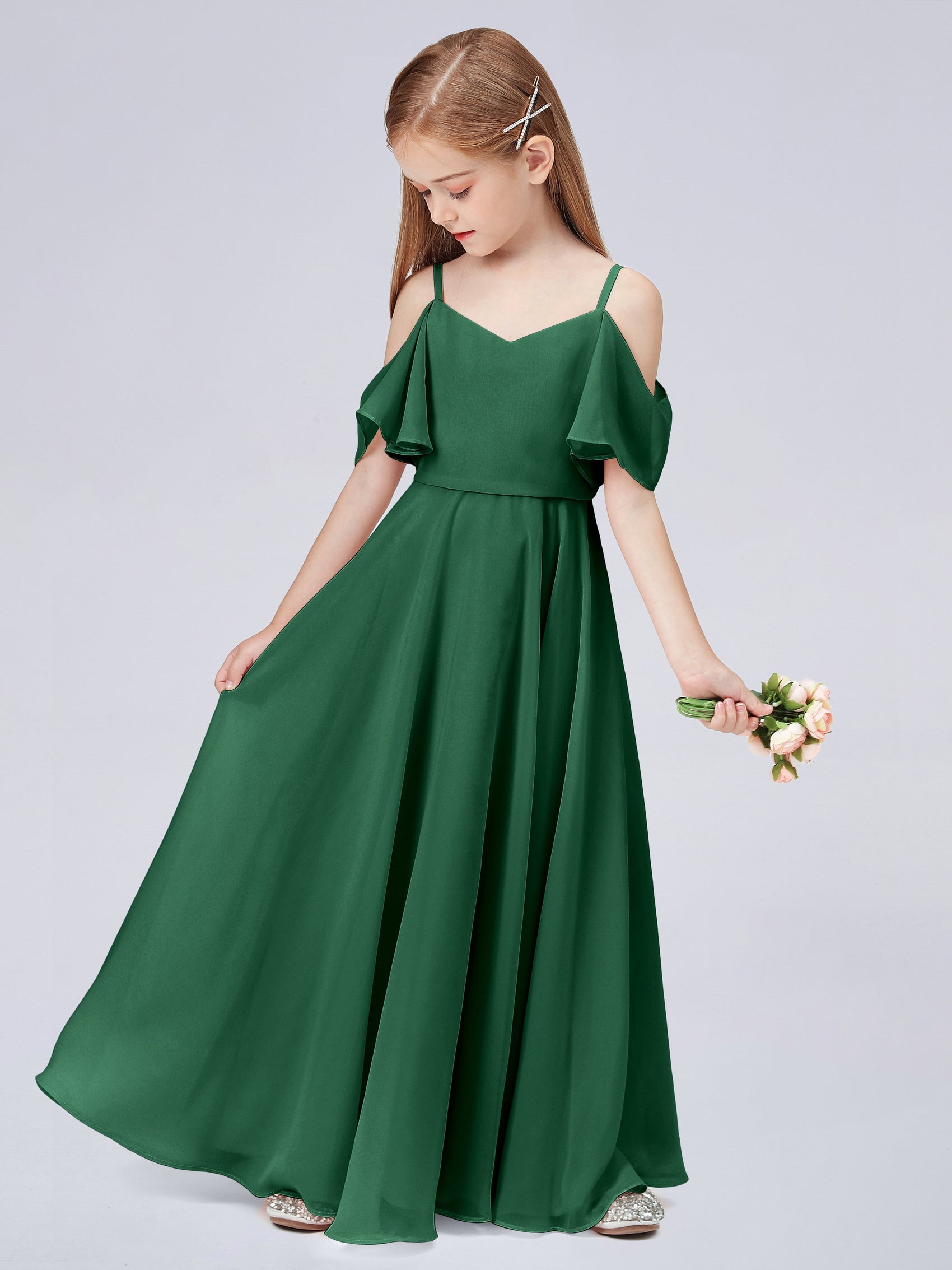 Sleeveless Ruched Junior Bridesmaid Dresses with Bow Dark Green
