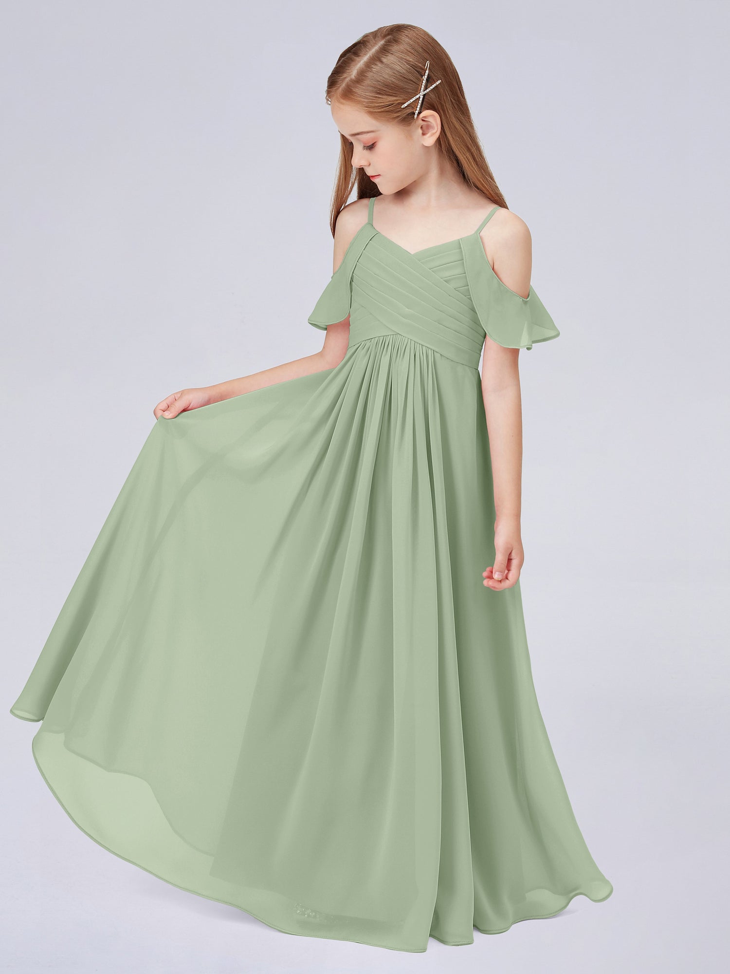 Dusty Pink Off Shoulder Chiffon Junior Bridesmaid A-Line Long Dress for Party or Wedding main image 0