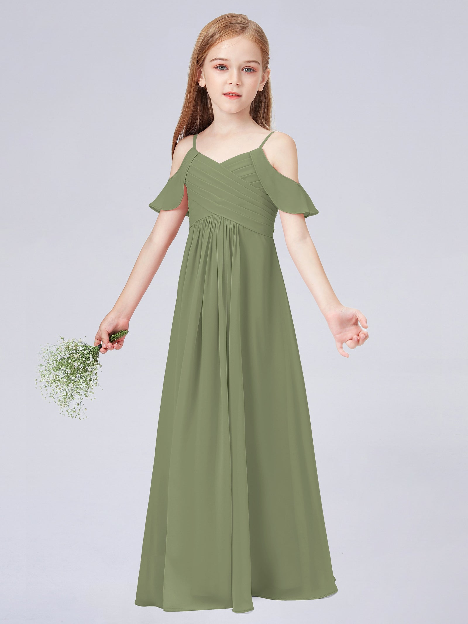 Off-the-shoulder Chiffon Junior Bridesmaid Dresses Emerald