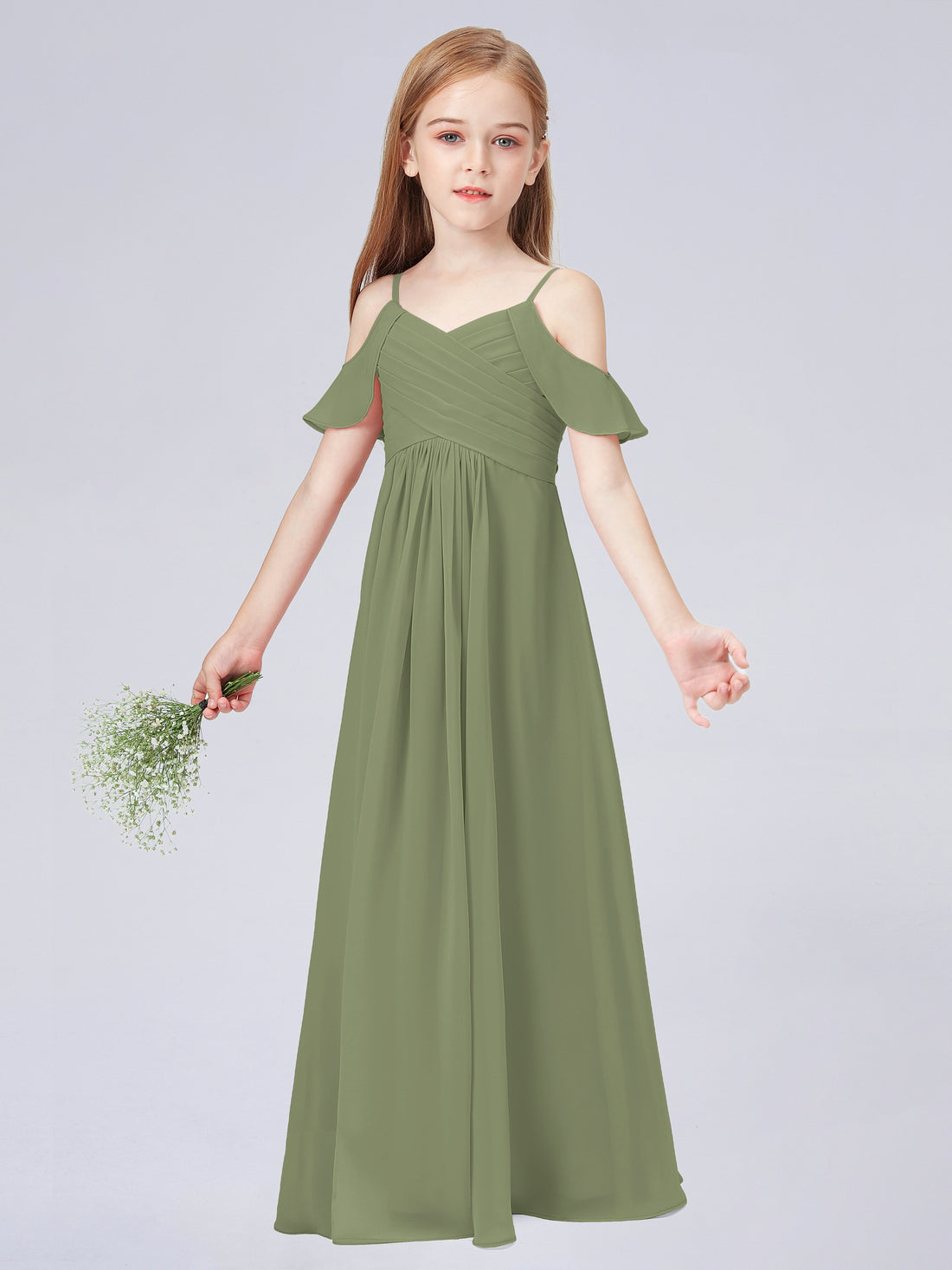 Off-the-shoulder Chiffon Junior Bridesmaid Dresses Moss