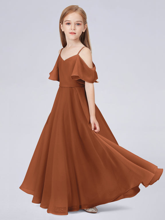 Cute One ruffle Shoulder Junior Bridesmaid Dresses Sunset