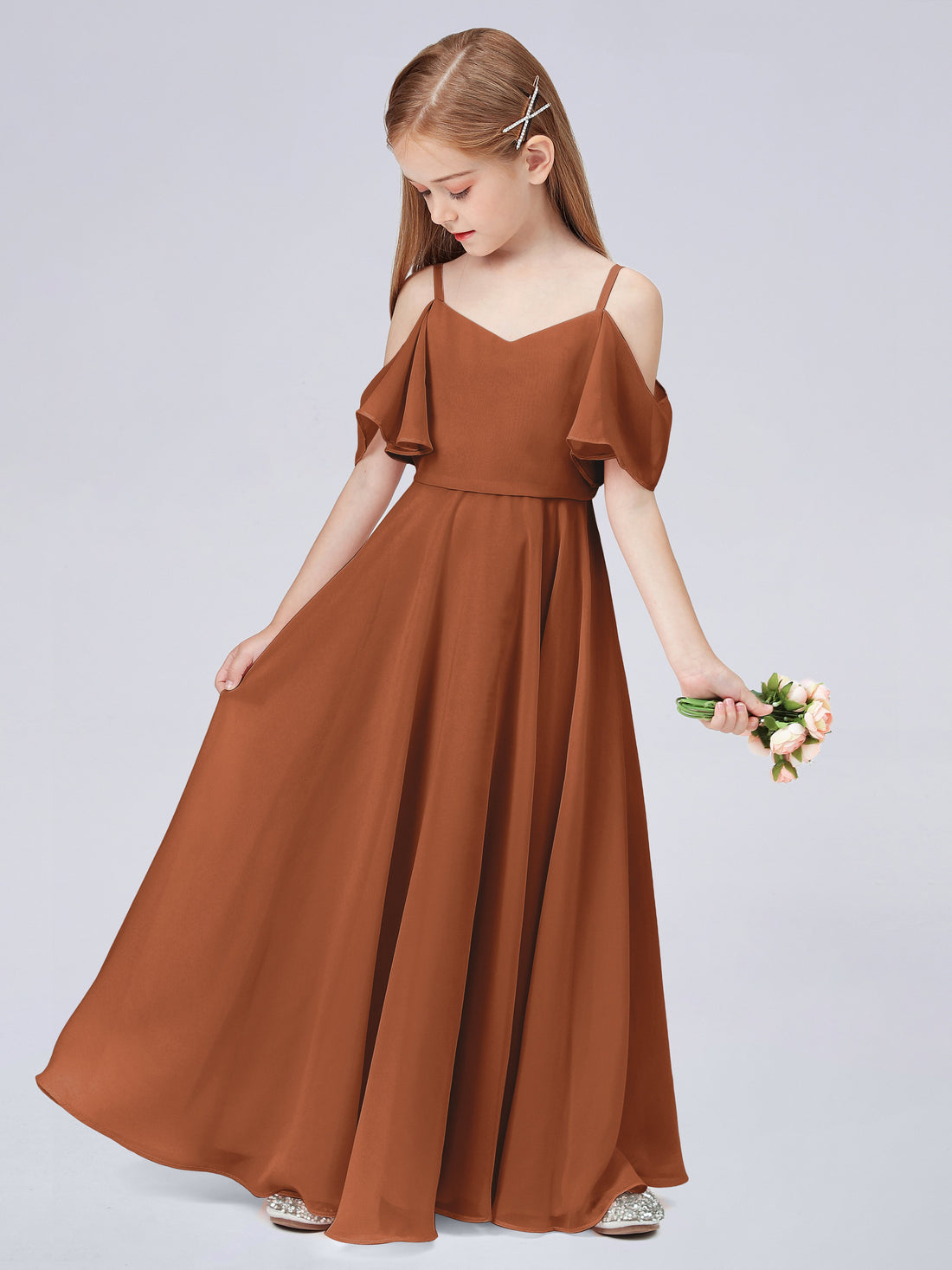 Cute One ruffle Shoulder Junior Bridesmaid Dresses Cinnamon Rose