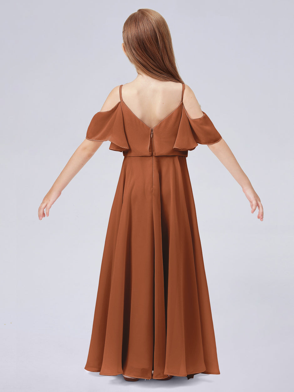 Square Neck Flutter Sleeves Junior Bridesmaid Dresses With Slit Terracotta