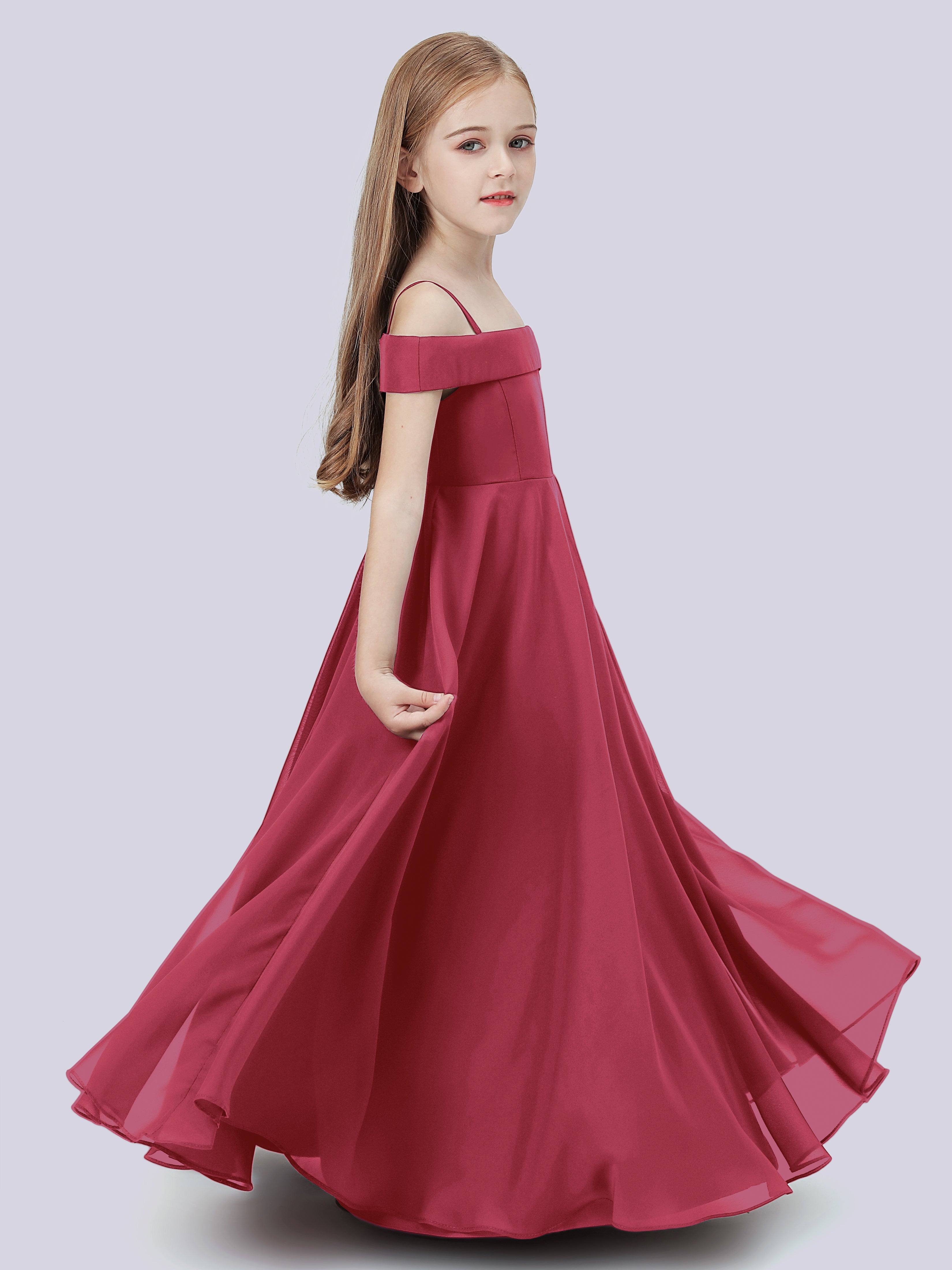 Off Shoulder Stretch Chiffon Junior Bridesmaid Dress