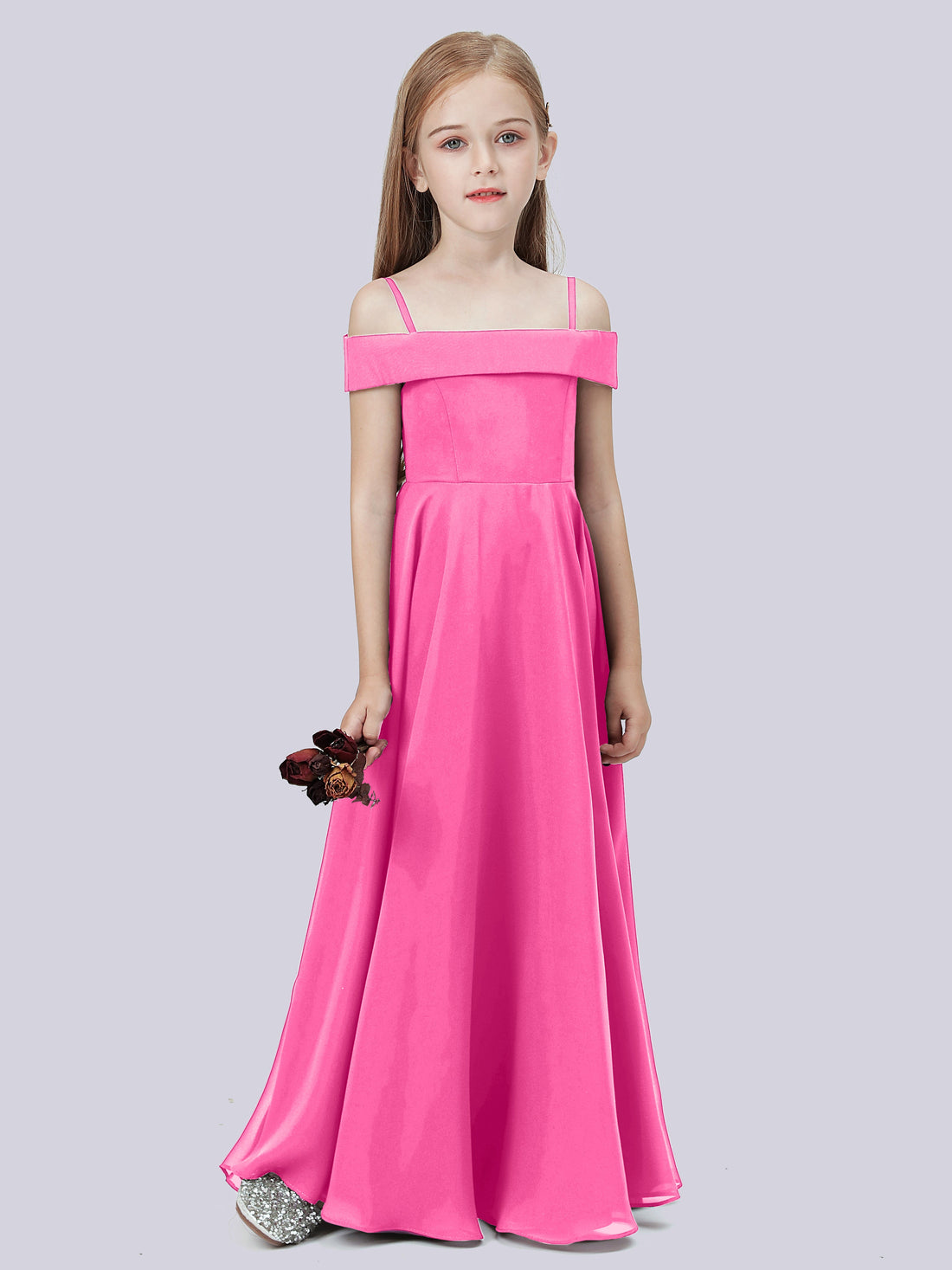 Off-the-shoulder Halter Chiffon Junior Bridesmaid Dress Fuchsia