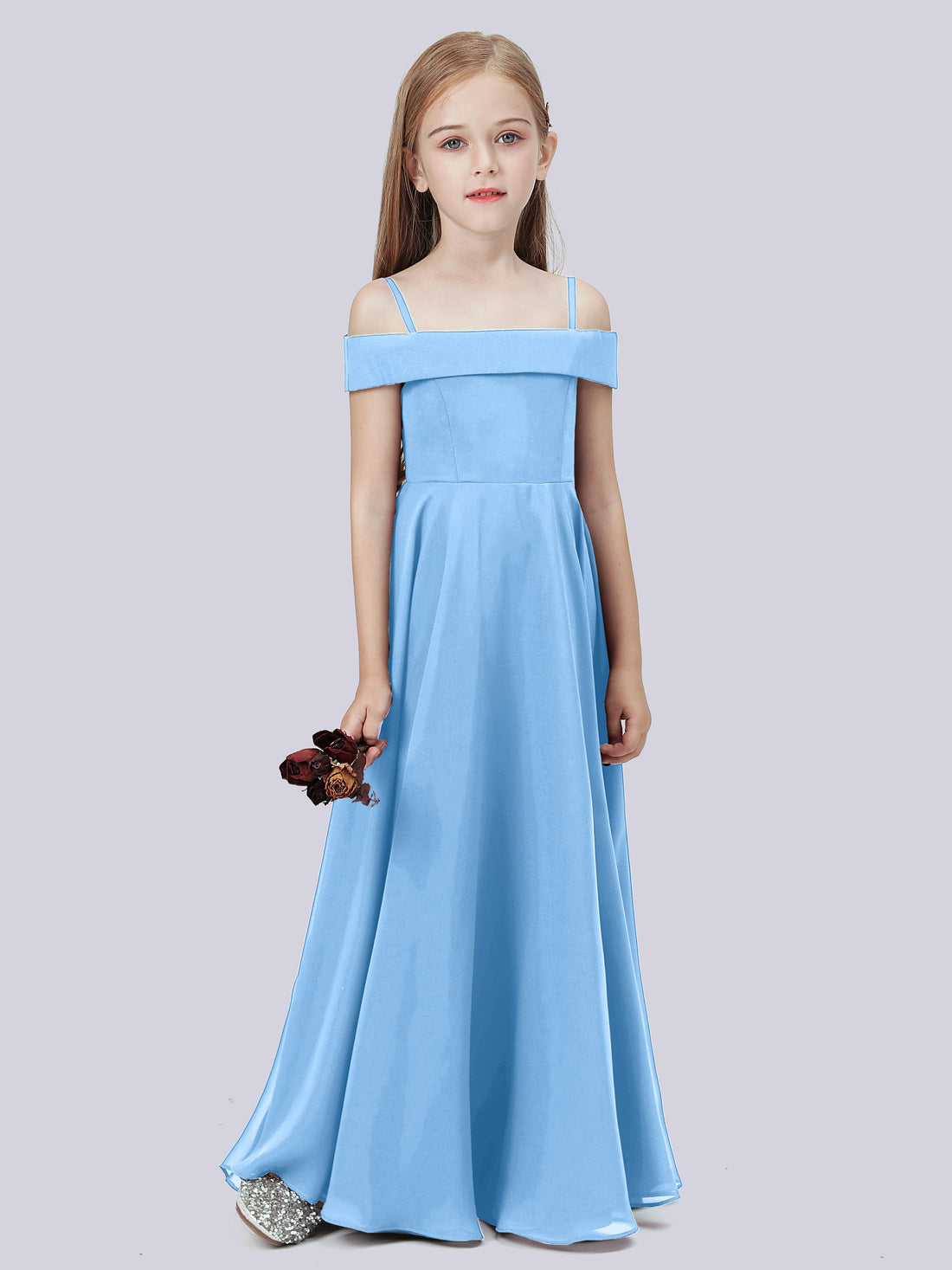 Off-the-shoulder Halter Chiffon Junior Bridesmaid Dress Turquoise