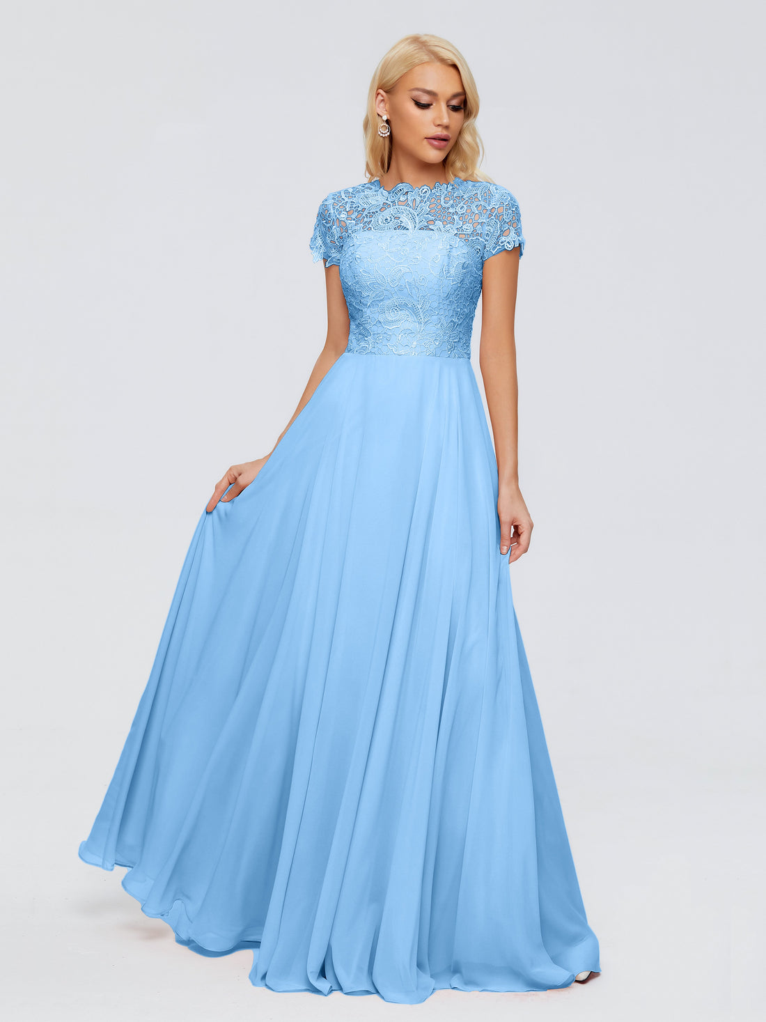 Misty Blue Scoop Chiffon A-line Long Bridesmaid Dress main image 1