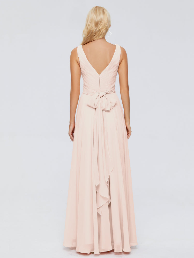 Chiffon Long Bridesmaid Gowns with Bow Sash Papaya