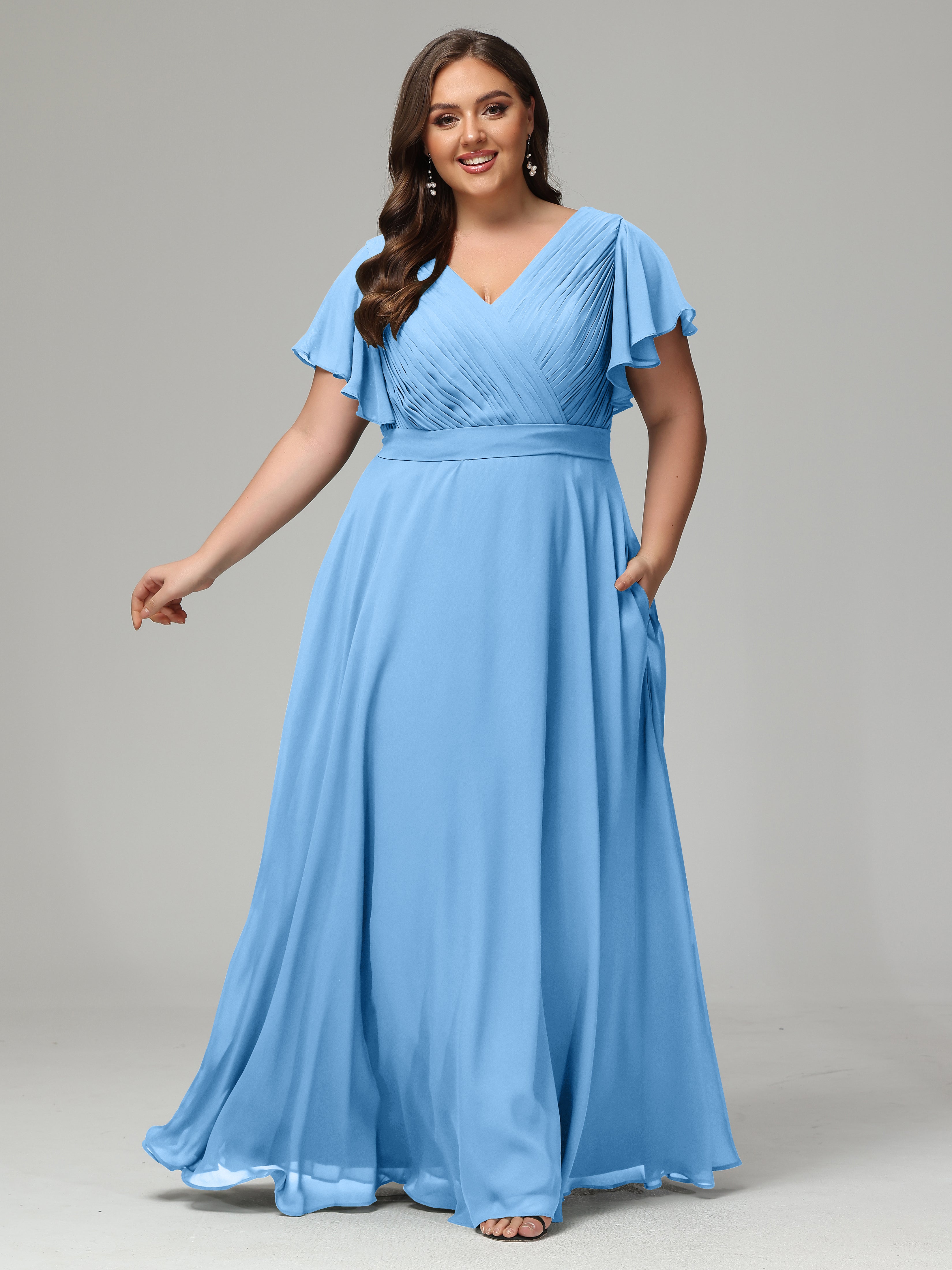Short Sleeves Pleats Chiffon Plus Size Bridesmaid Dresses