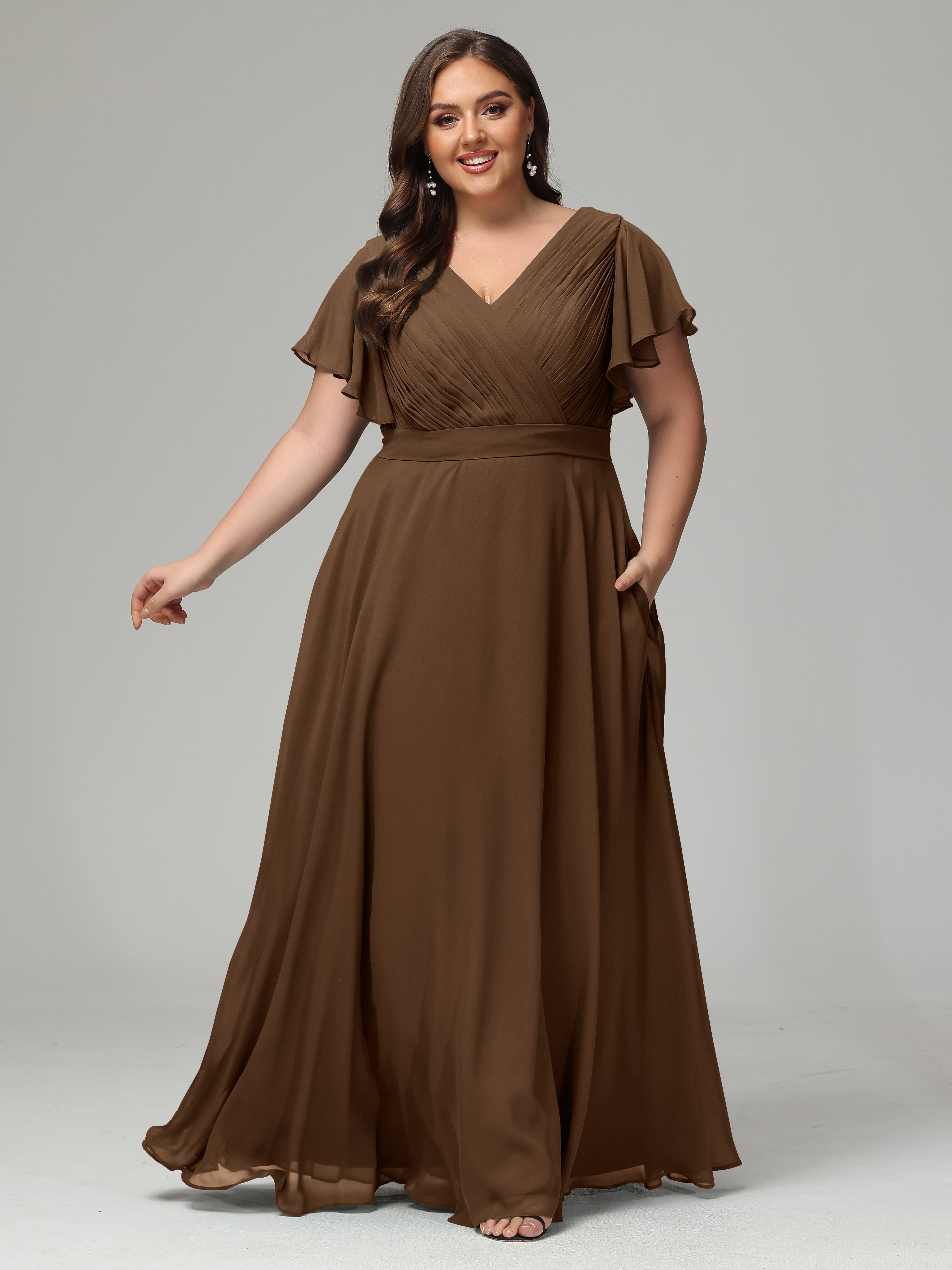 Short Sleeves Pleats Chiffon Plus Size Bridesmaid Dresses