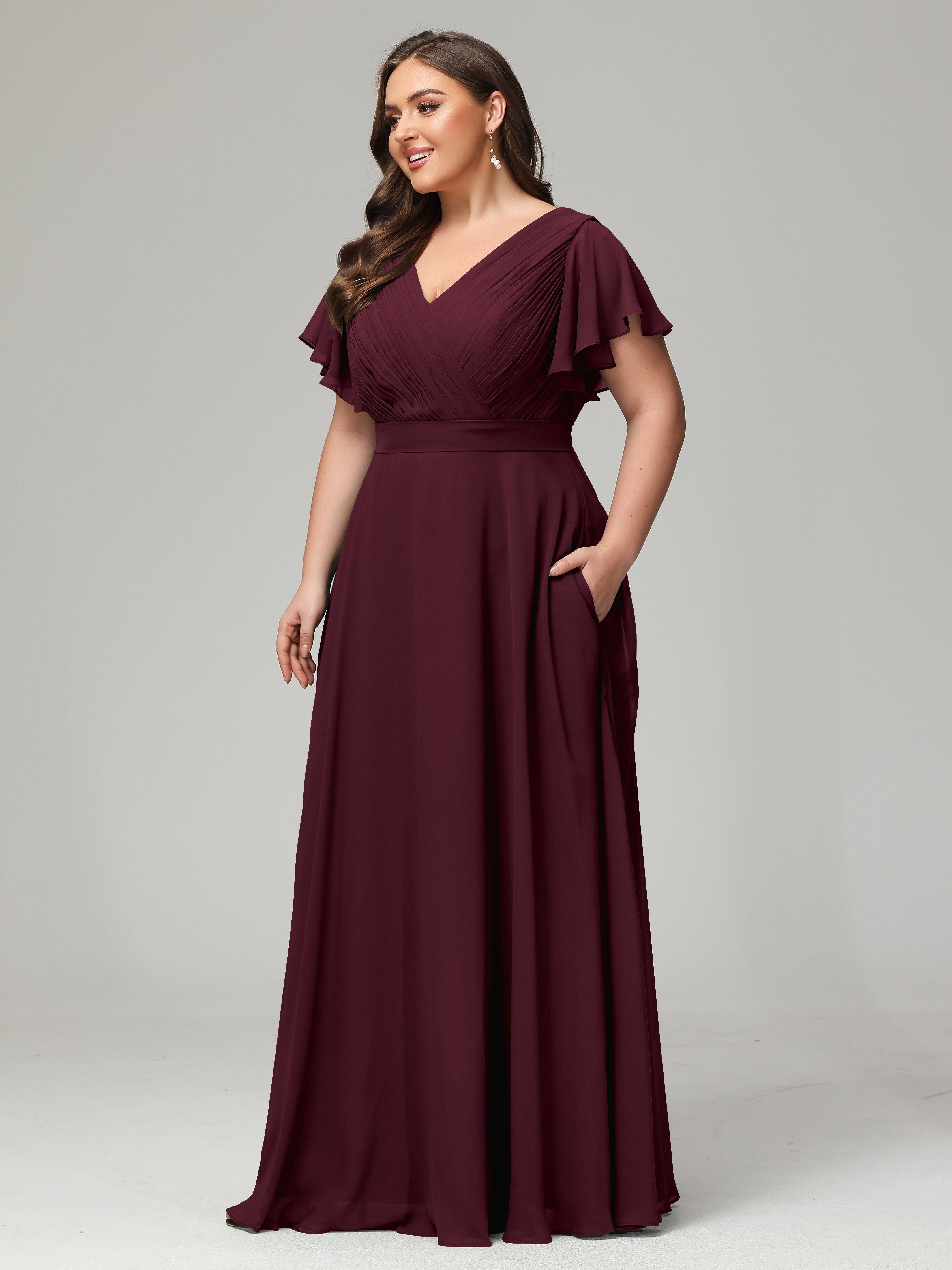 Short Sleeves Pleats Chiffon Plus Size Bridesmaid Dresses