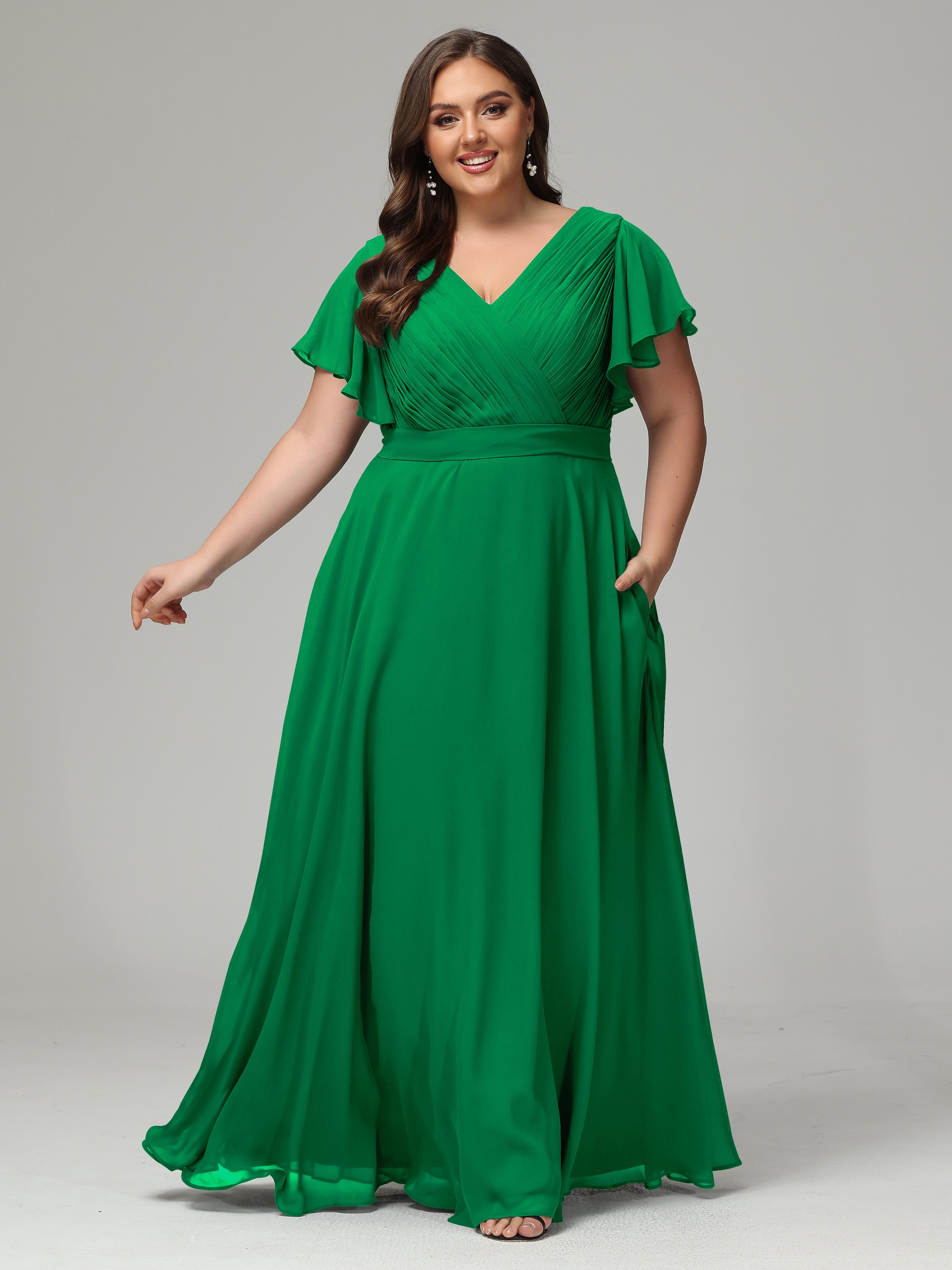 Short Sleeves Pleats Chiffon Plus Size Bridesmaid Dresses