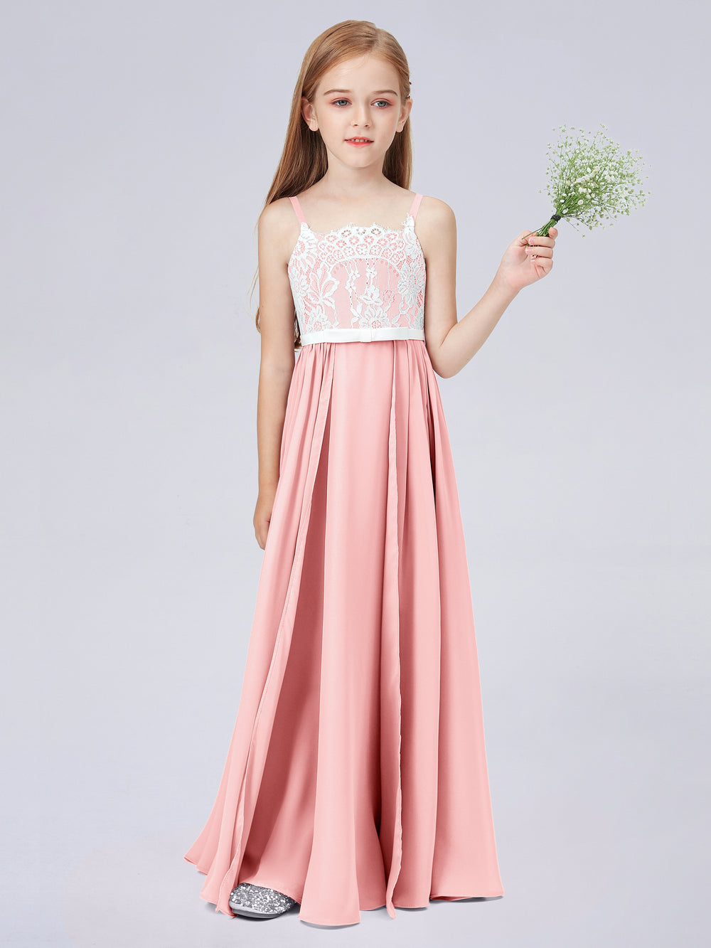 V-neck Spaghetti Straps Long Junior Bridesmaid Dress Peach